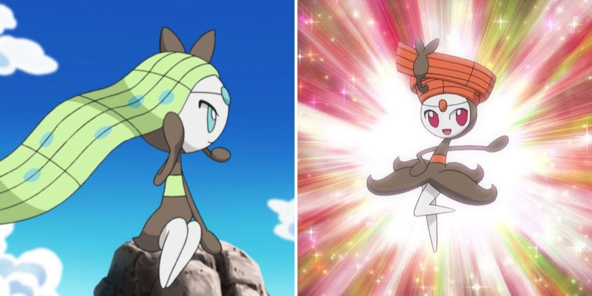 Aria Meloetta sits on a roack and Pirouette Meloetta stands on one leg