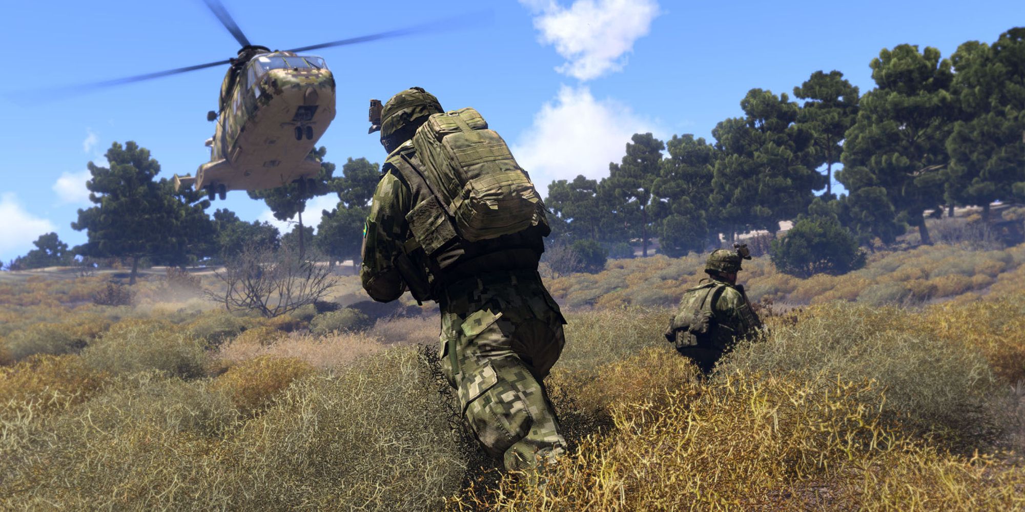 Two soldiers standing beneath a helicopter in Arma 3