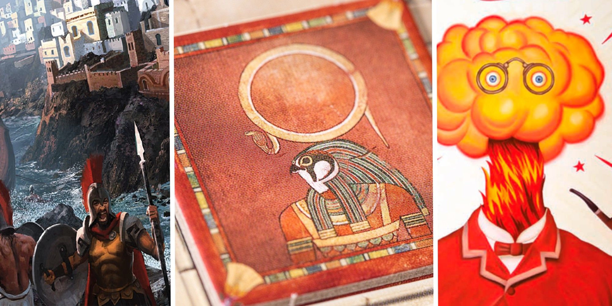 Auction Board Games Feature Image; Cyclades on the left, Ra in the middle, Modern Art on the right