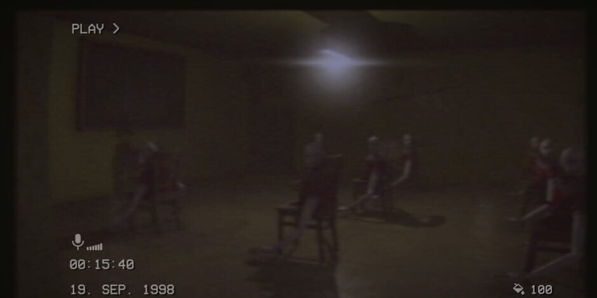 grainy footage style image of multiple bald, long-armed, and legless mannequins sitting in rows of chairs turning their heads to face the player