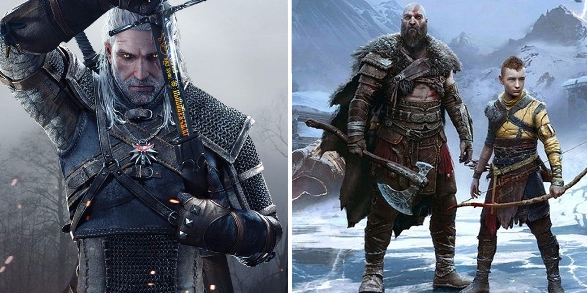 Geralt from the Witcher 3 with Kratos and Atreus from God Of War