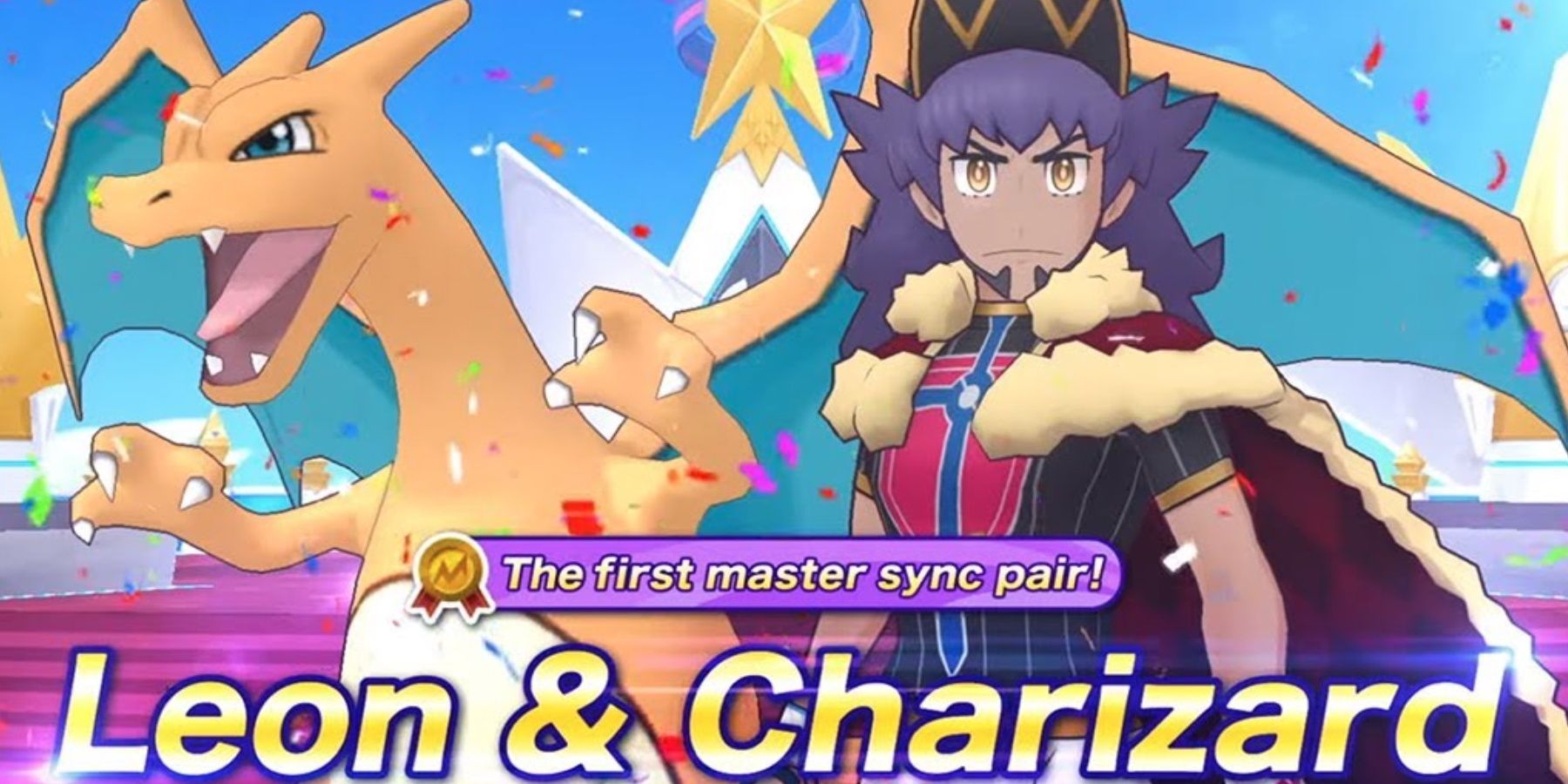 Pokemon Masters EX Anni Units Leon and Charizard stand triumphantly