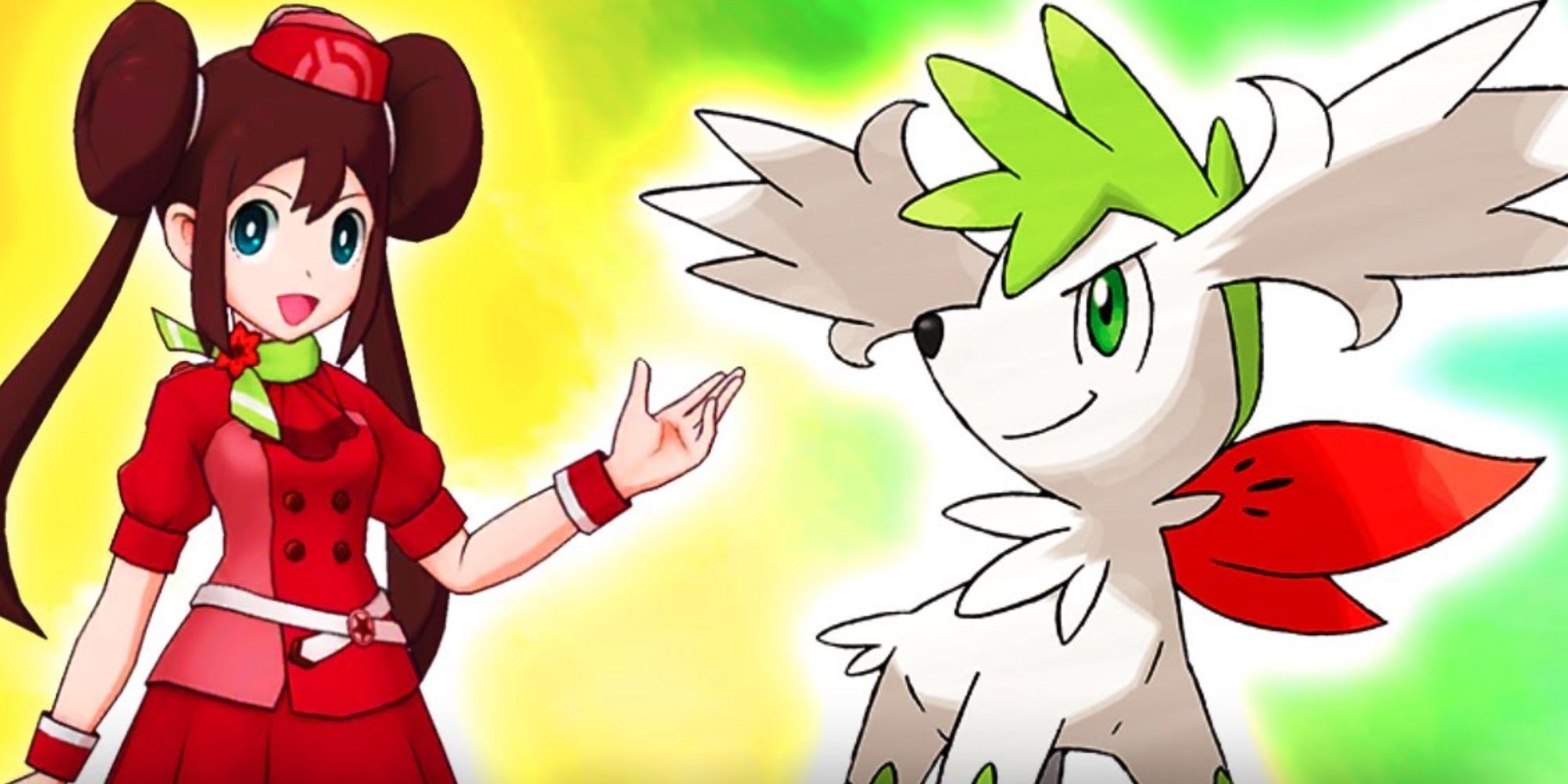 Pokemon Masters EX Best Anni Units Rosa and Shaymin smile adorably.