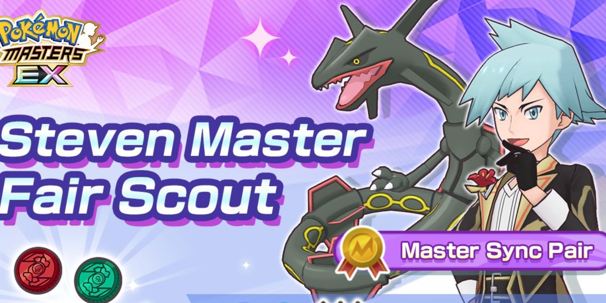 Pokemon Masters EX Anni Units Steven and Rayquaza pose with wide smiles.