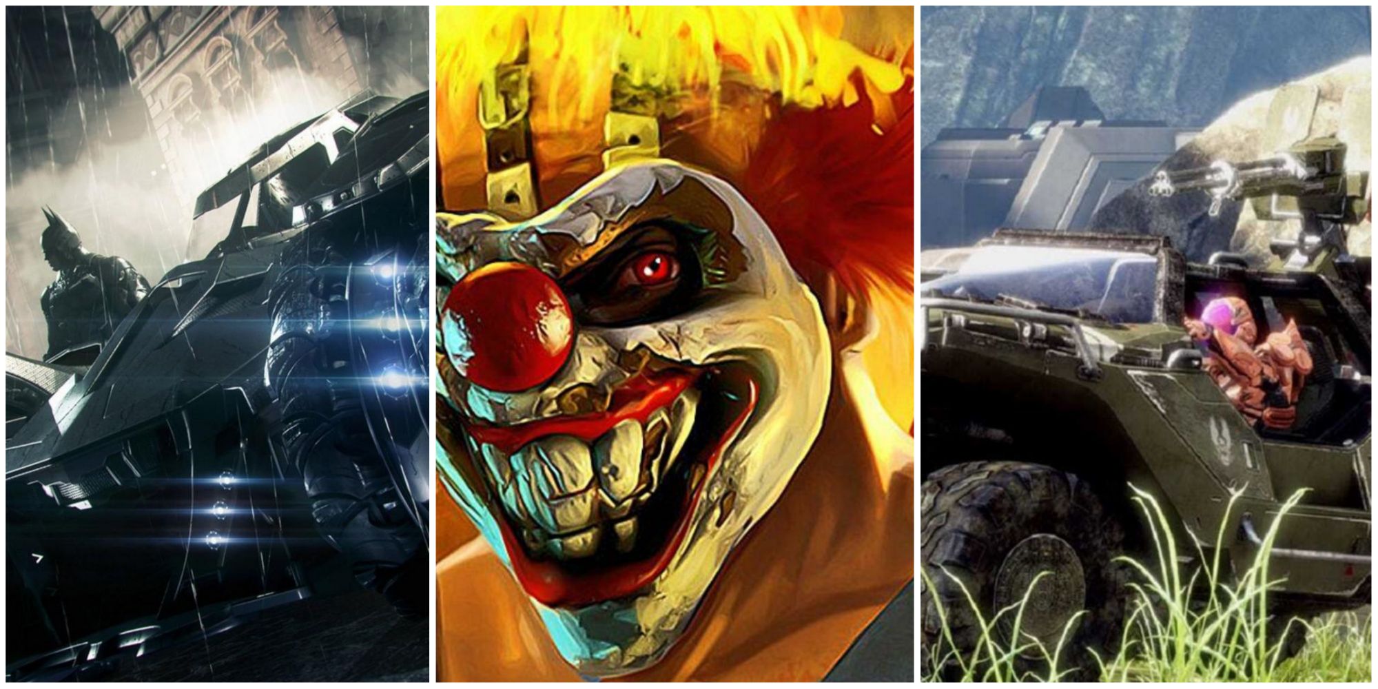 Batman standing by the batmobile in Arkham Knight, a close-up of Sweet Tooth from Twisted Metal, and players in a Warthog from Halo Infinite, left to right