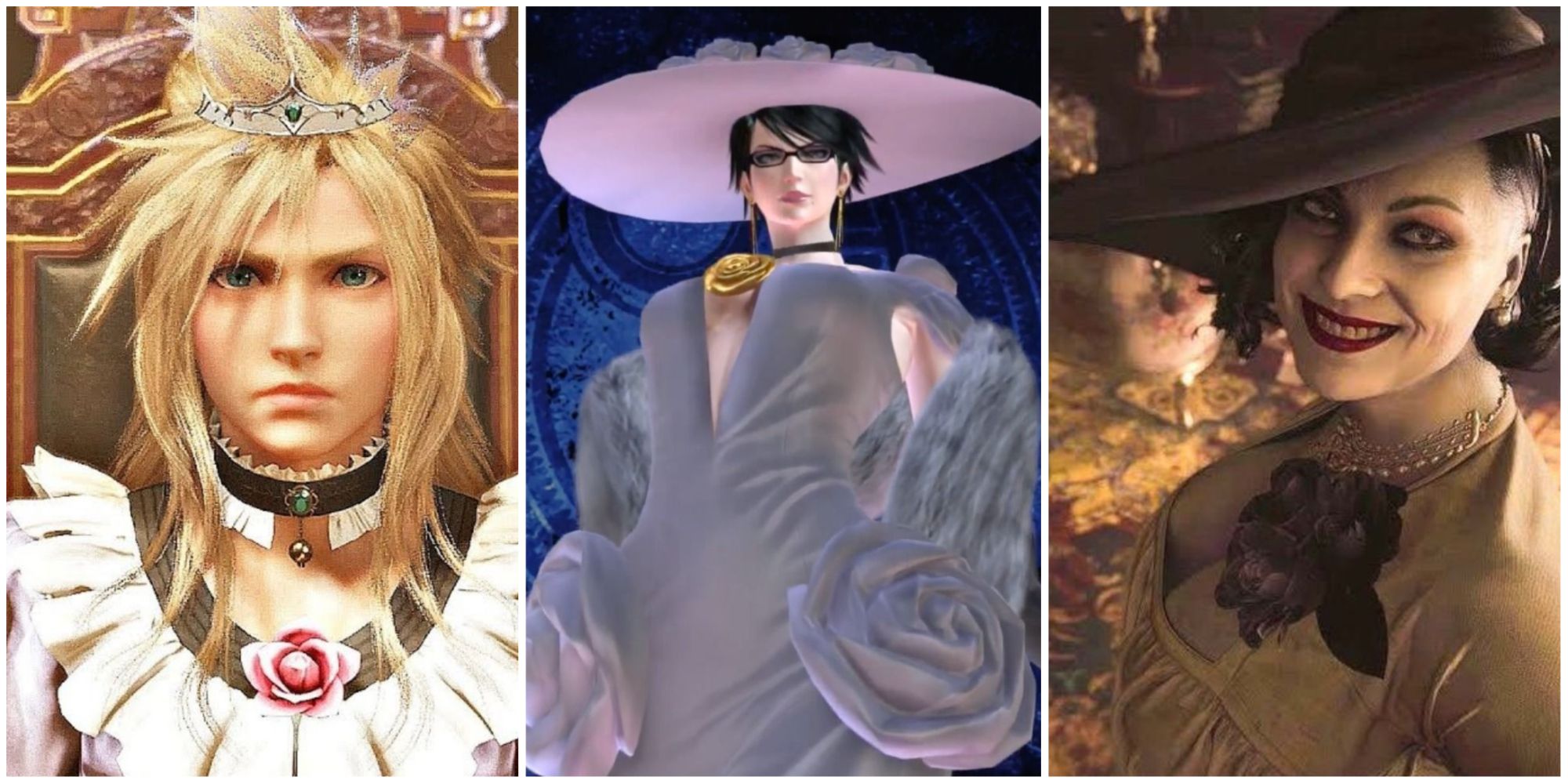 Cloud wearing a frilly dress and a crown, Bayonetta wearing her white dress from the opening of Bayonetta 2, and Lady Dimitrescu holding up Ethan while smiling, left to right