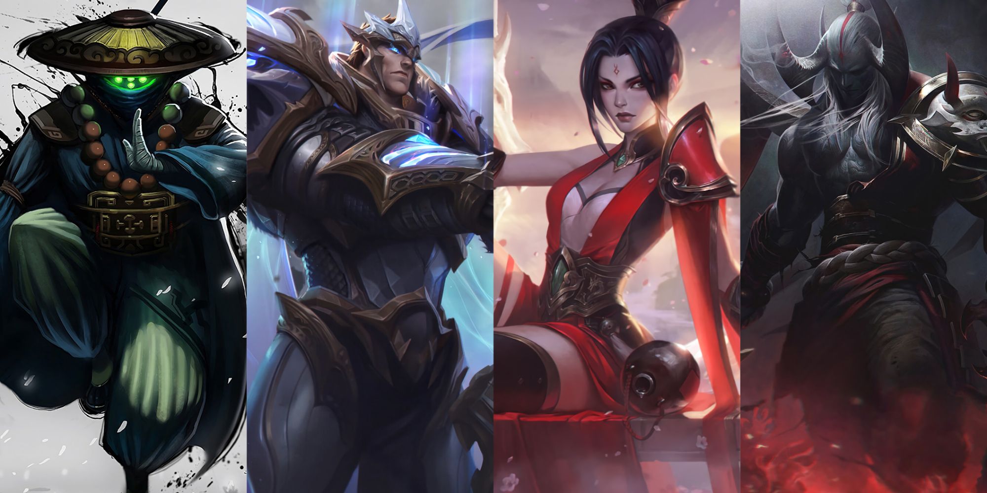 Top Laners Cover featuring from left to right: Temple Jax, God King Garen, Soaring Sword Riven, and Blood Moon Aatrox