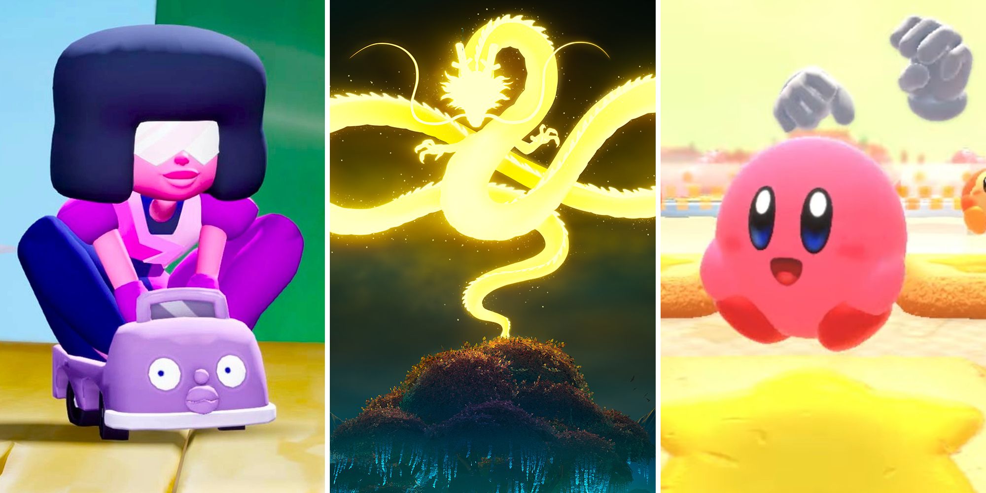 Garnet in MultiVersus, a glowing yellow dragon, and Kirby