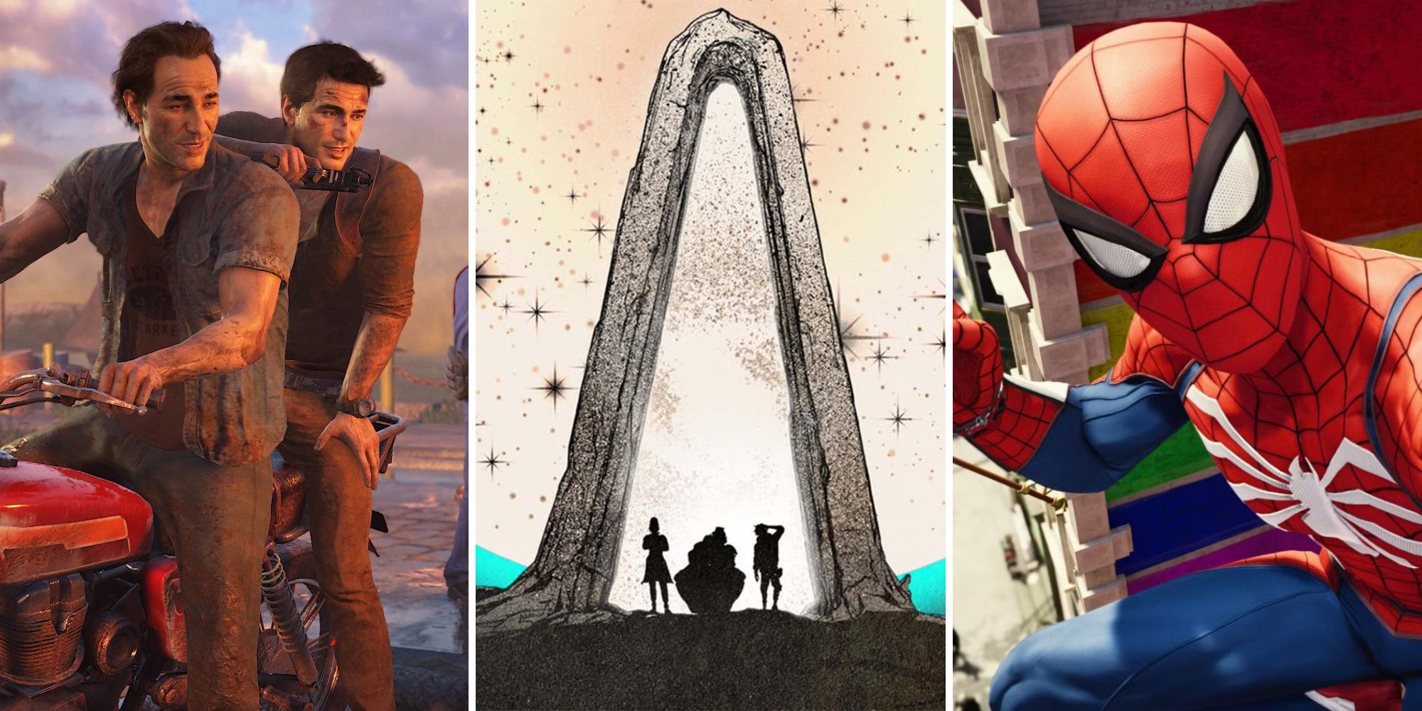 Nathan and Sam Drake, a stone arch with Borderlands characters underneath, and Spider-Man in front of a pride flag. 