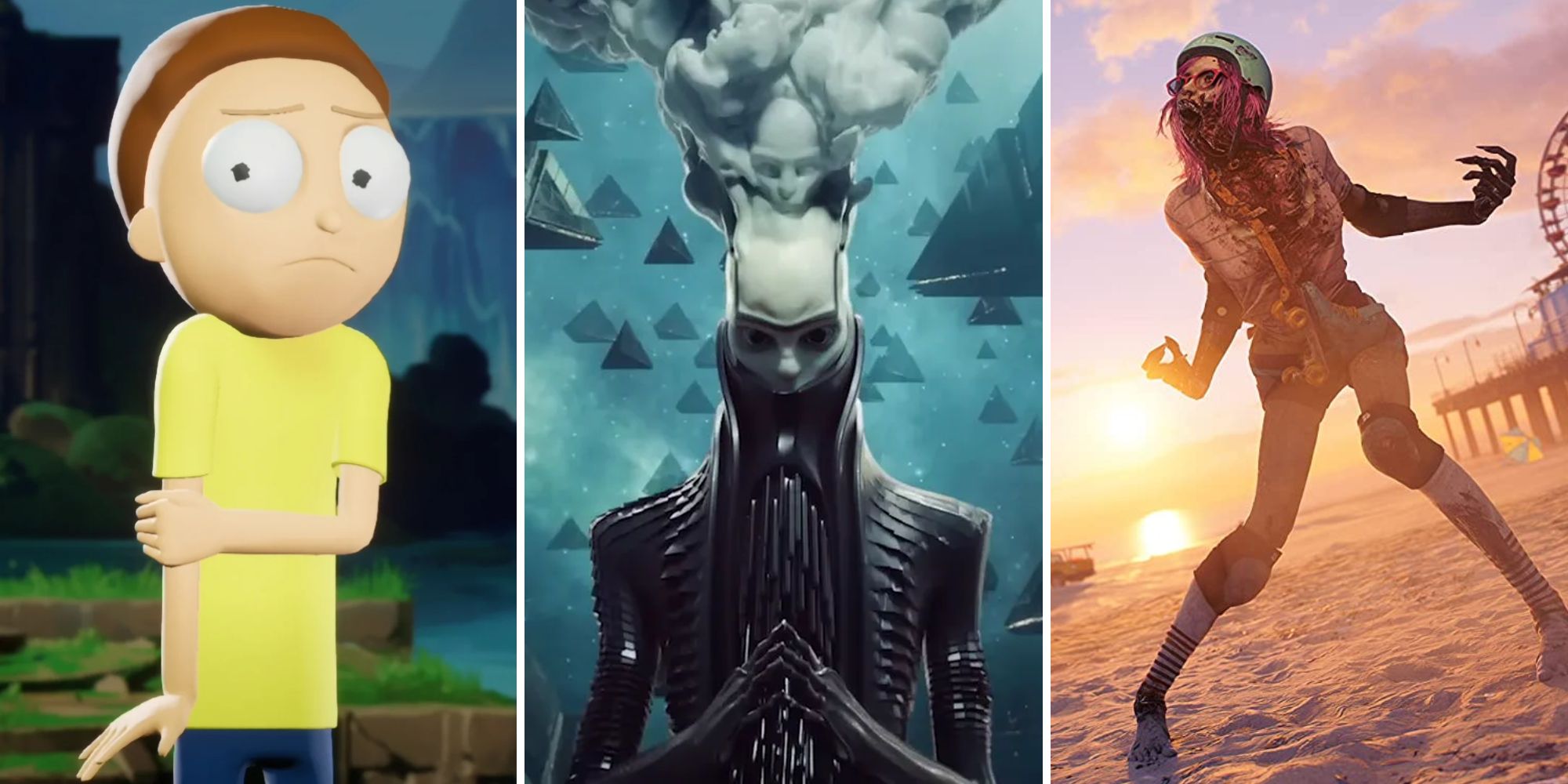 Morty, a large person surrounding by pyramids from the Destiny 2 Lightfall expansion trailer, and a zombie from Dead Island 2