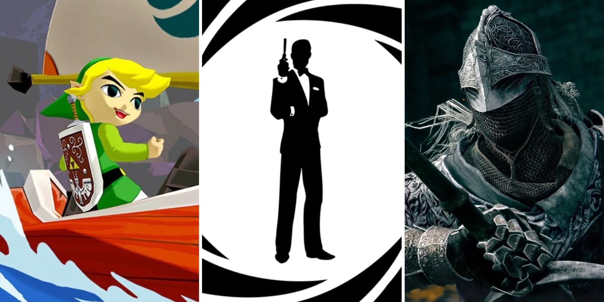 Link from Wind Waker, James Bond down the barrel of a gun, and a knight from Elden Ring
