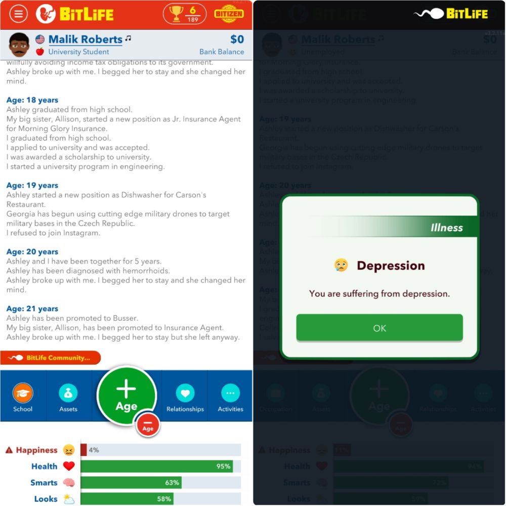 BitLife Low Happiness and Depression