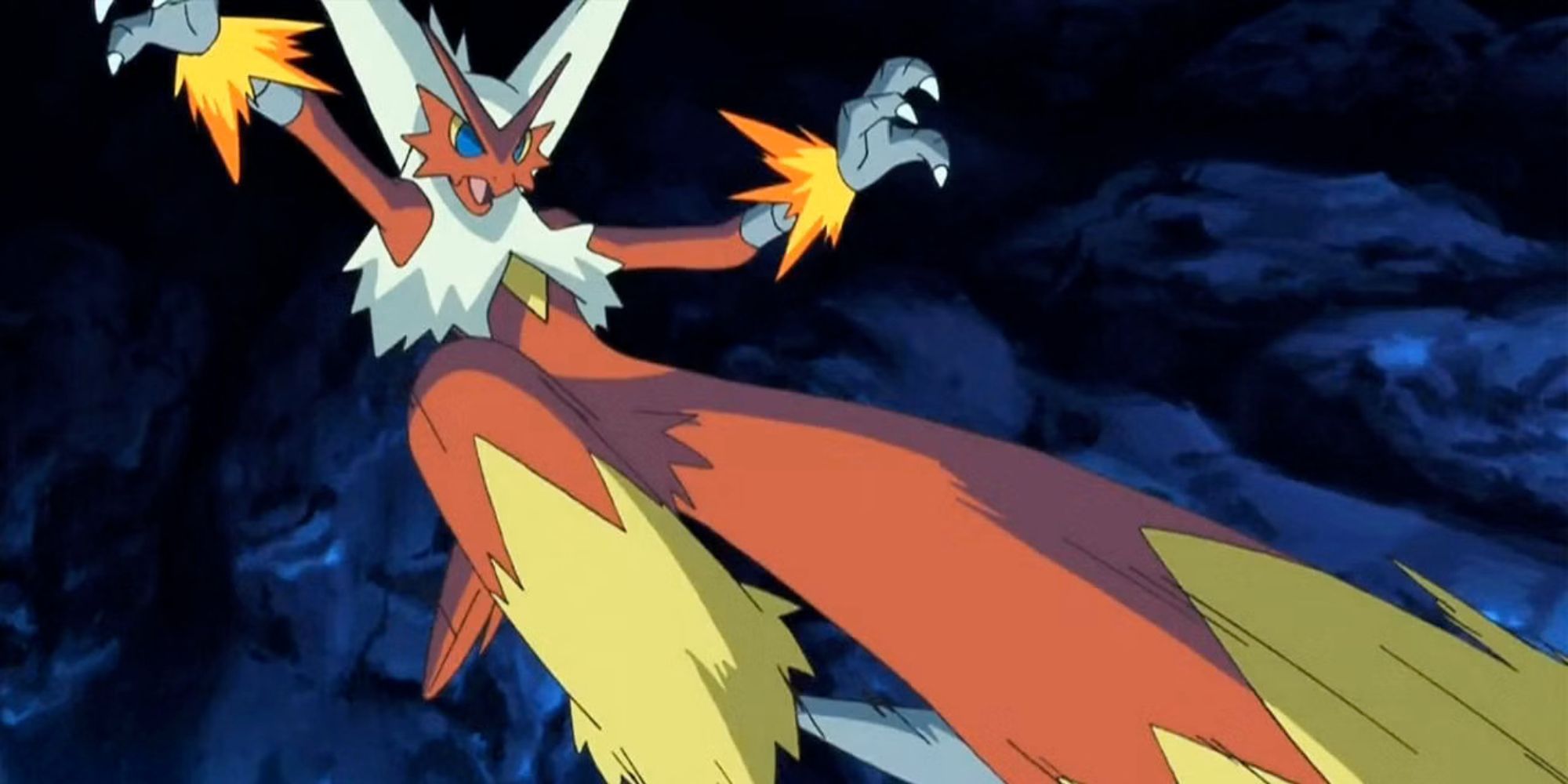 Blaziken attacks from the air in a cave