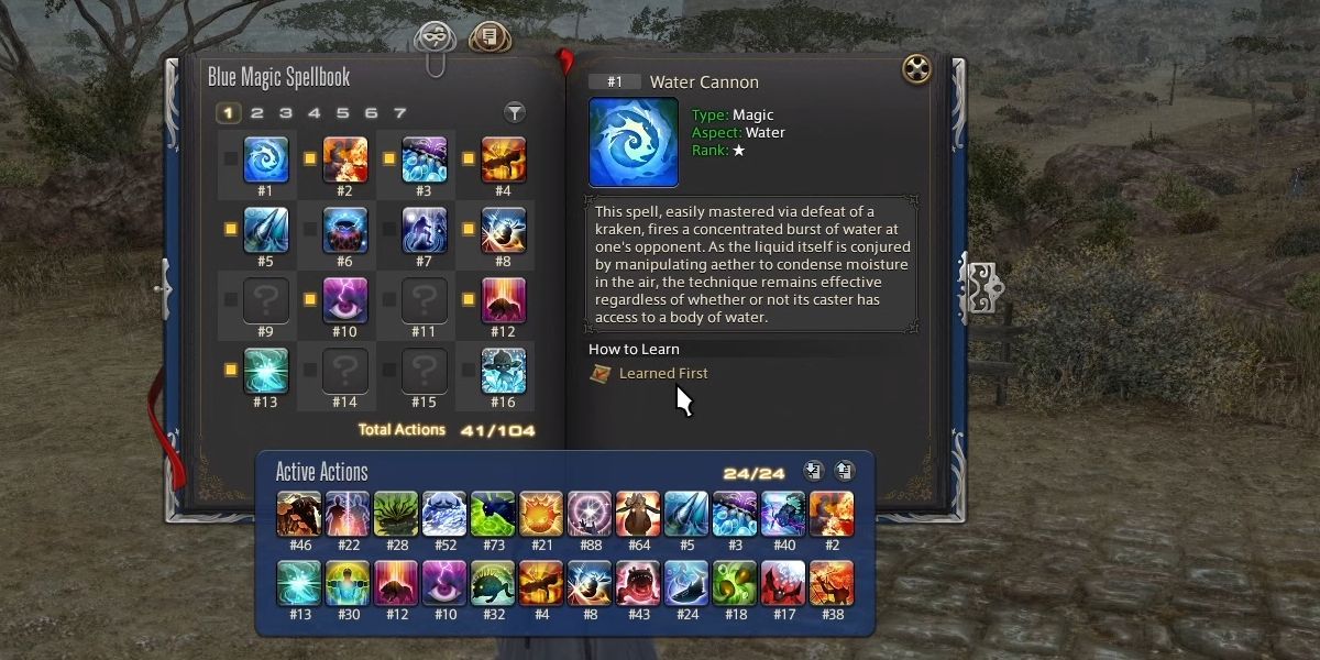 An ingame screenshot from Final Fantasy 14 showing the Blue Mage's spellbook - which provides useful information about spells and hints on how they can be acquired.