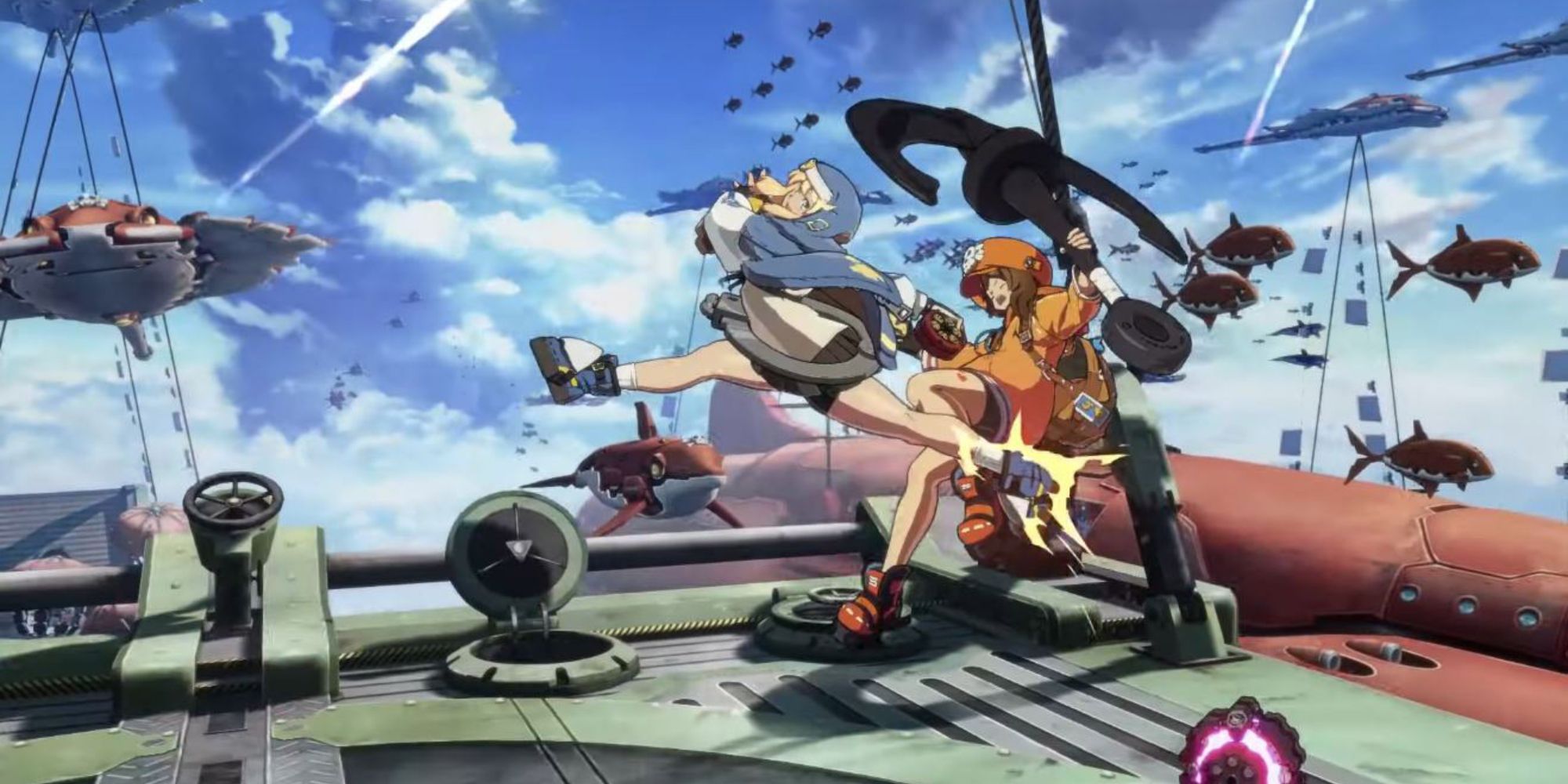 Bridget performing a Jump Kick on May in Guilty Gear Strive