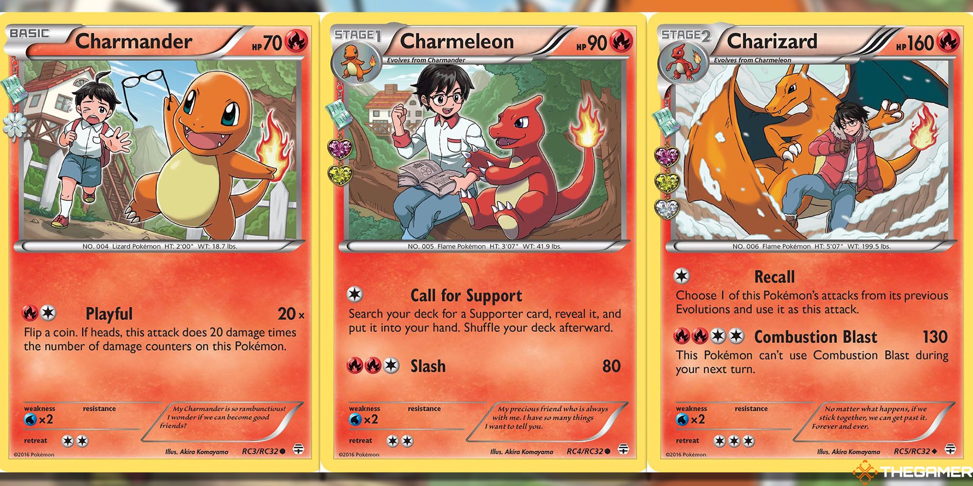 Charmander card (Generations #RC3), Charmeleon card (Generations #RC4) and Charizard (Generations #RC5) Pokemon TCG cards..