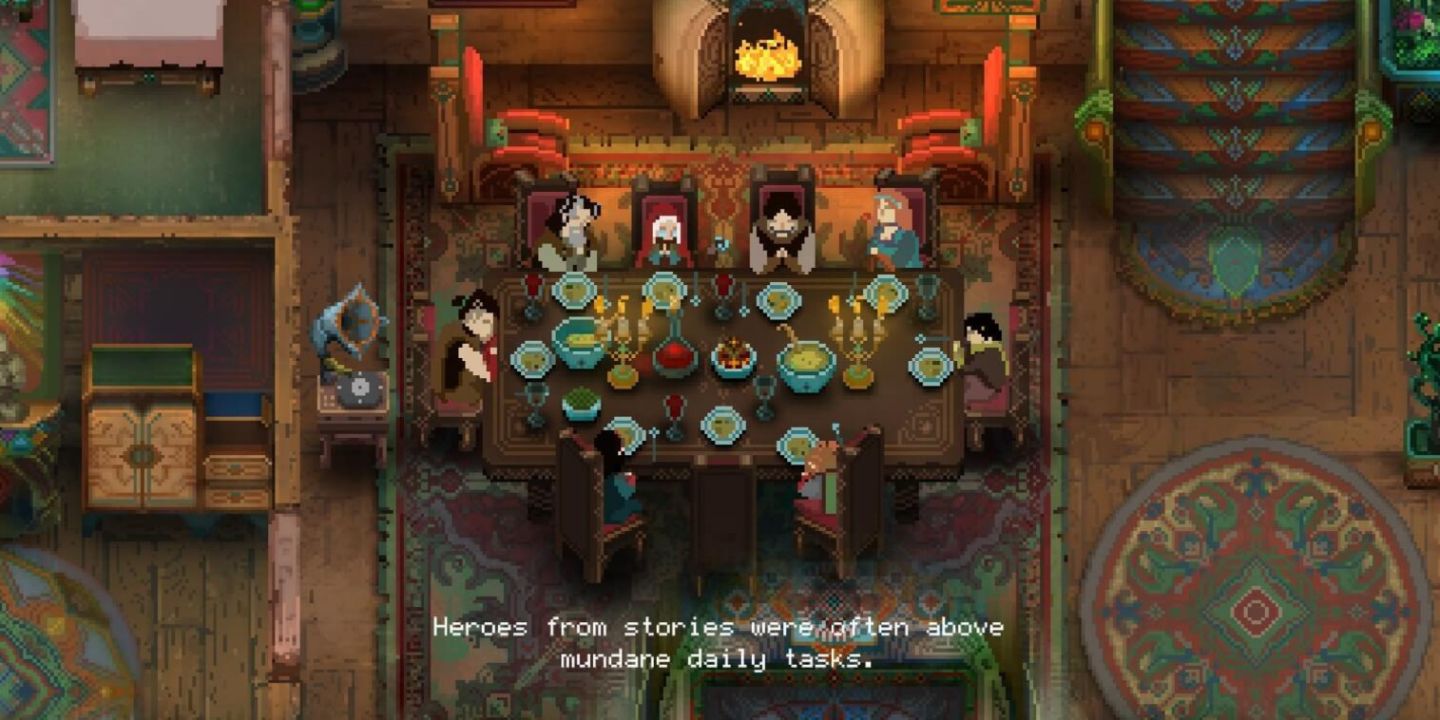 All eight members of the Bergson family sitting around the dinner table in Children of Morta