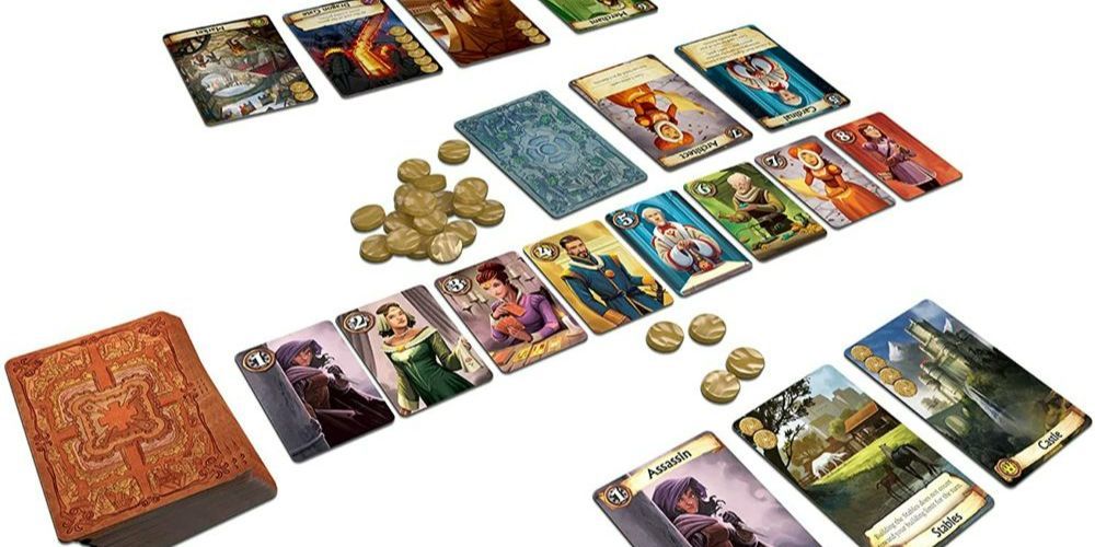Citadels card game depicting deck, cards, and coins.