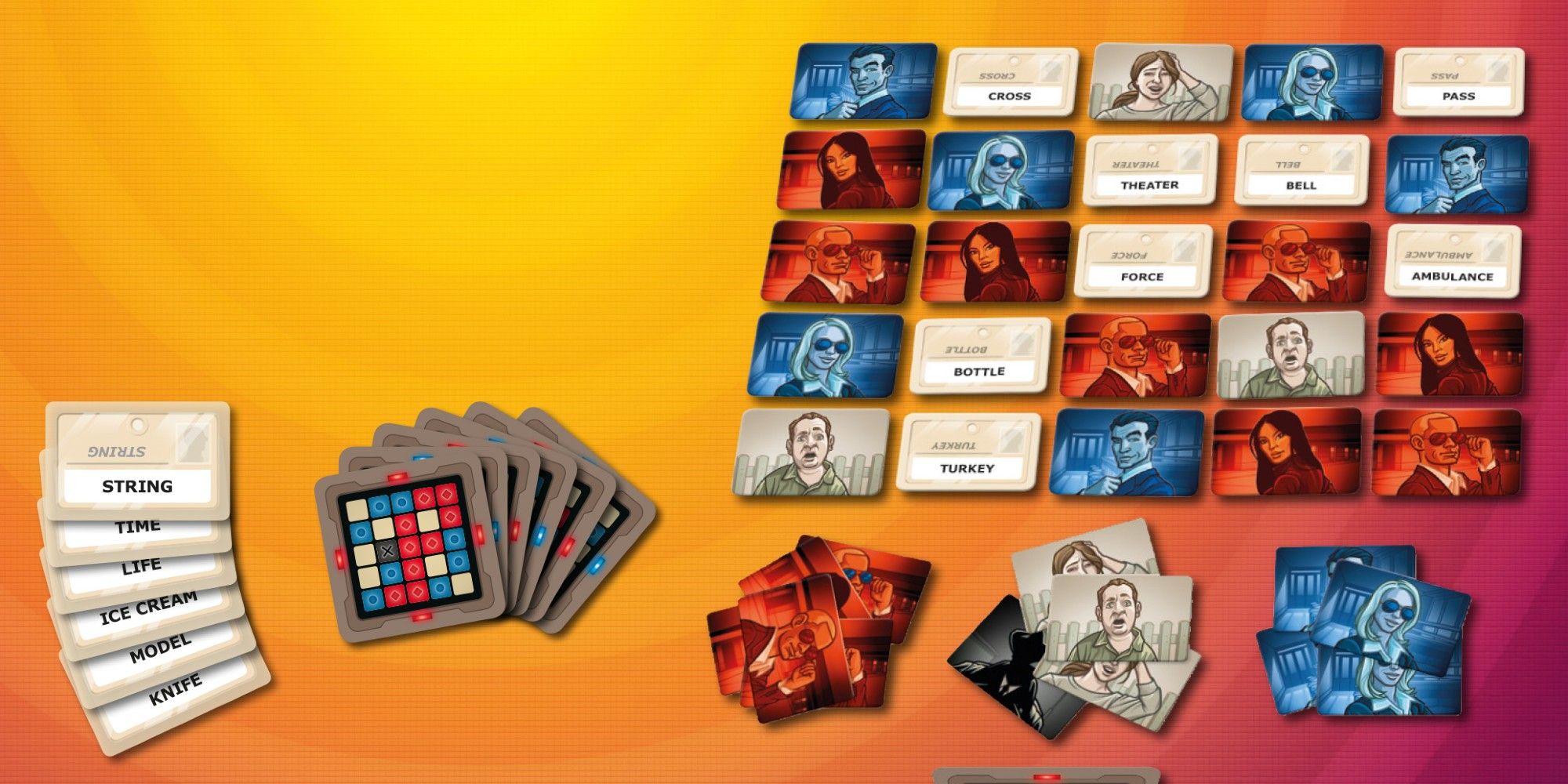 Codenames Board Game Cards and Components on Orange Background