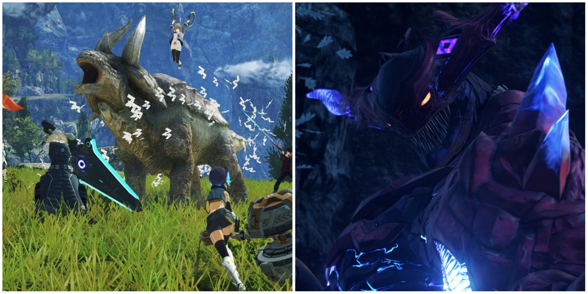 Xenoblade Chronicles 3 - collage of party hitting a dinosaur and Moebius