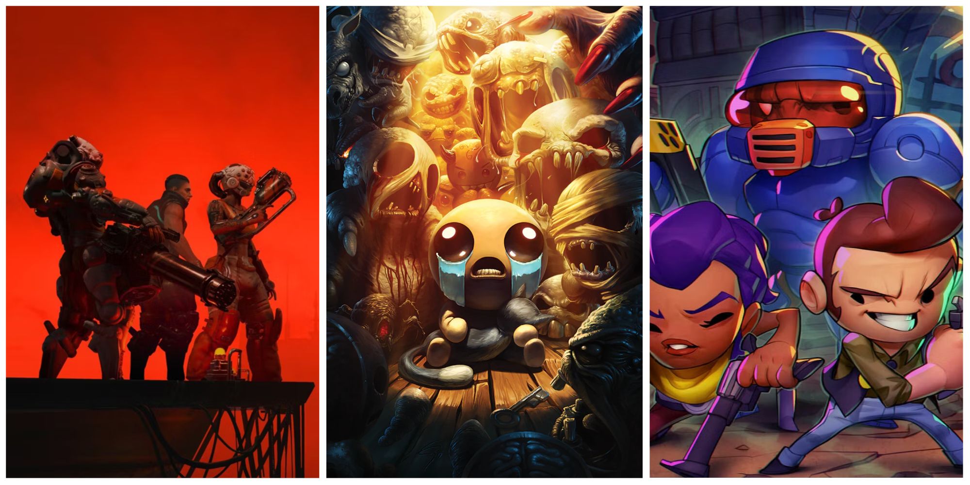 Split image featuring characters from The Ascent, The Binding of Isaac, and Enter The Gungeon