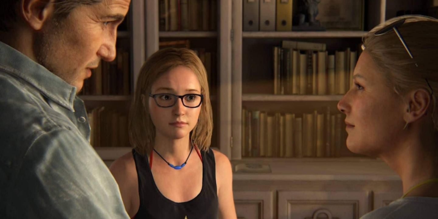 Cassie, Nathan and Elena talking in their family home at the end of Uncharted 4