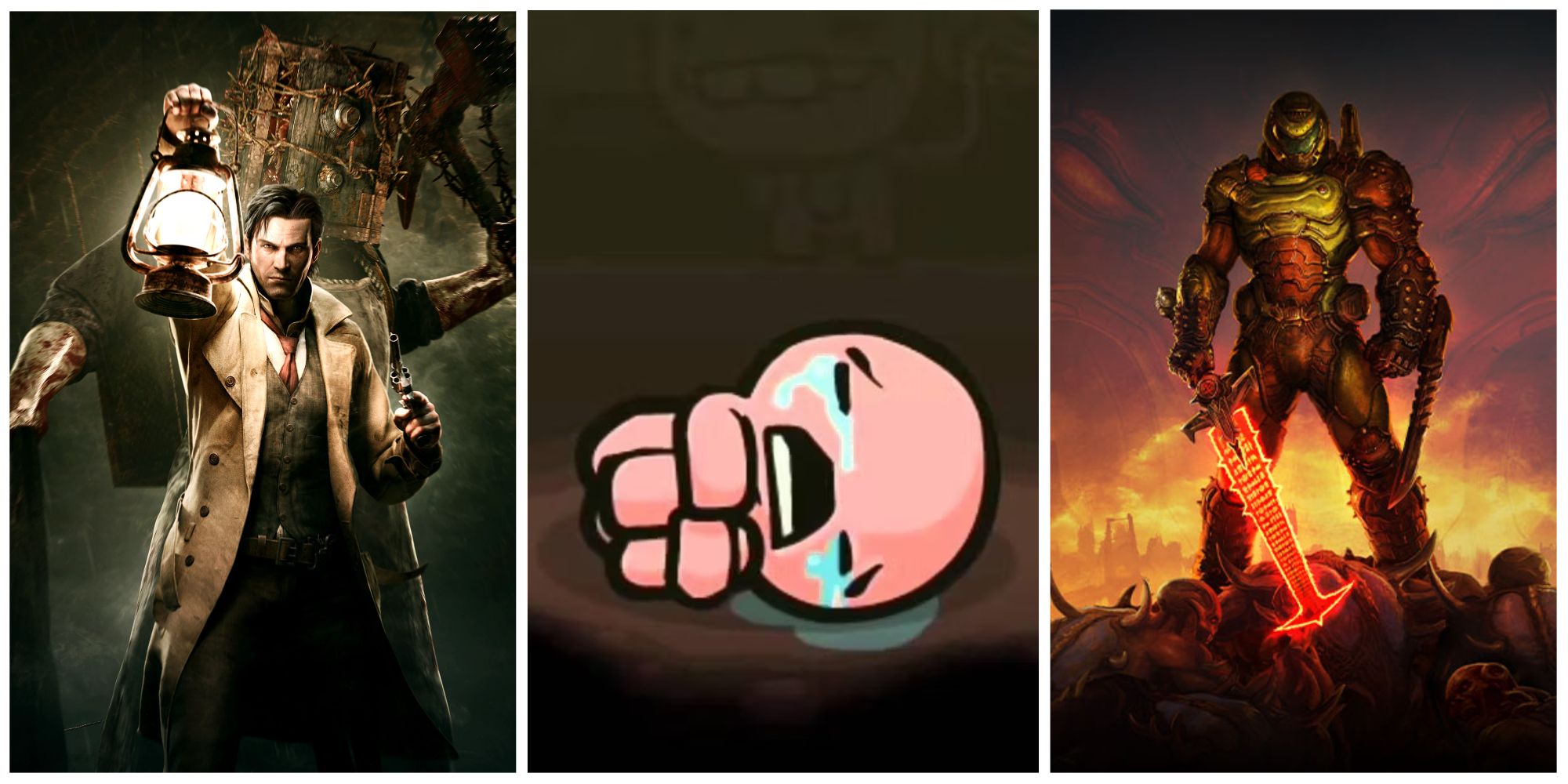Split image featuring characters from The Evil Within, The Binding of Isaac, and Doom Eternal