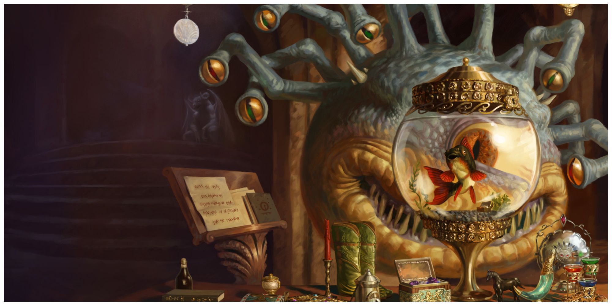 A Beholder studies his enviornment with his multiple eyes on the cover of Xanathar's Guide To Everything For D&D 5th Edition.