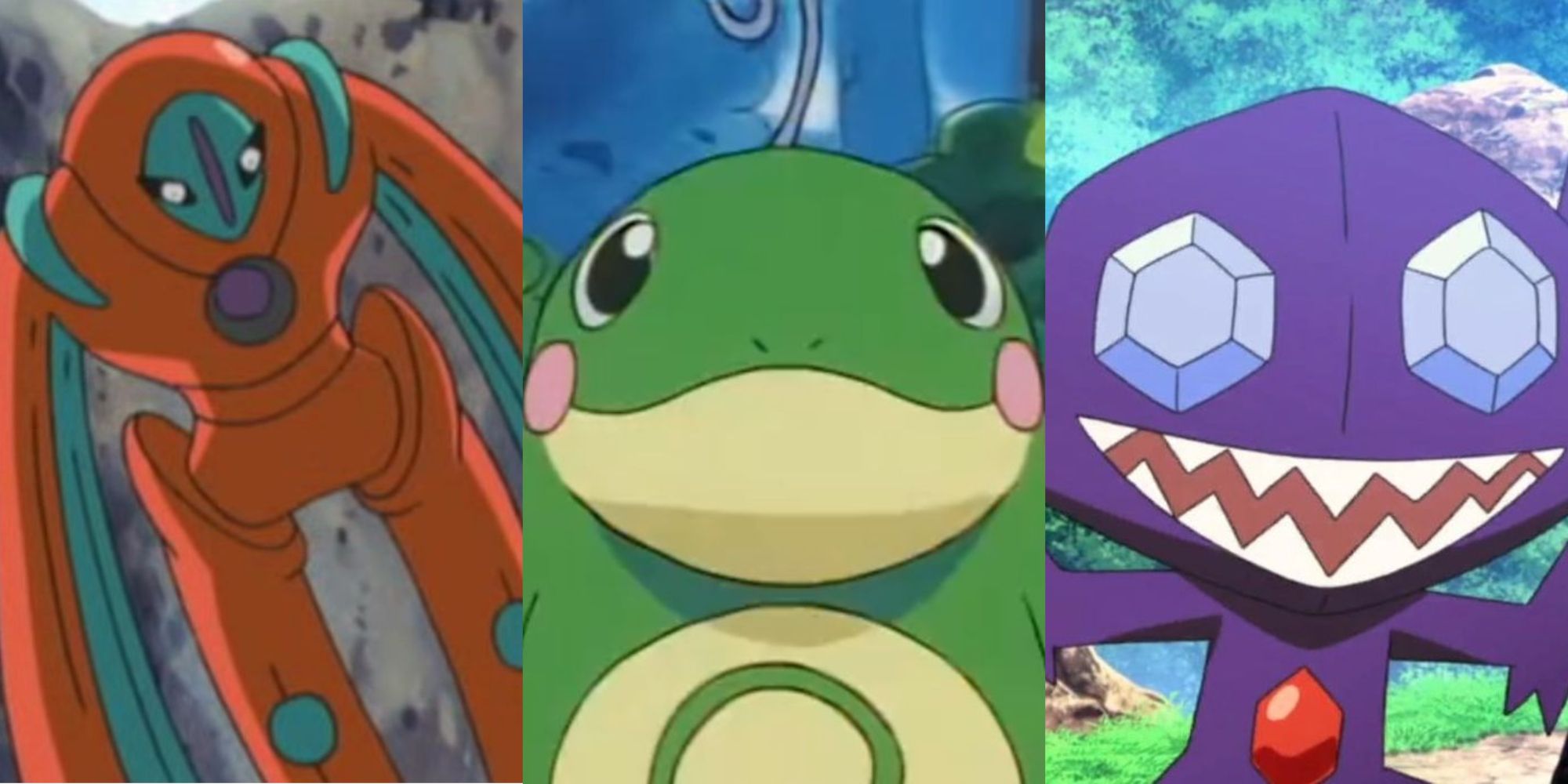 Collage of Deoxys, Politoed and Sableye from the Pokemon Anime