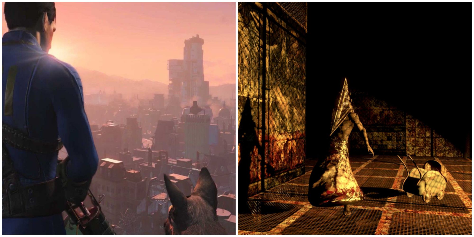 Fallout 4 VR Mods - collage of vault dweller and hid dog, and Pyramid Head from Silent Hill