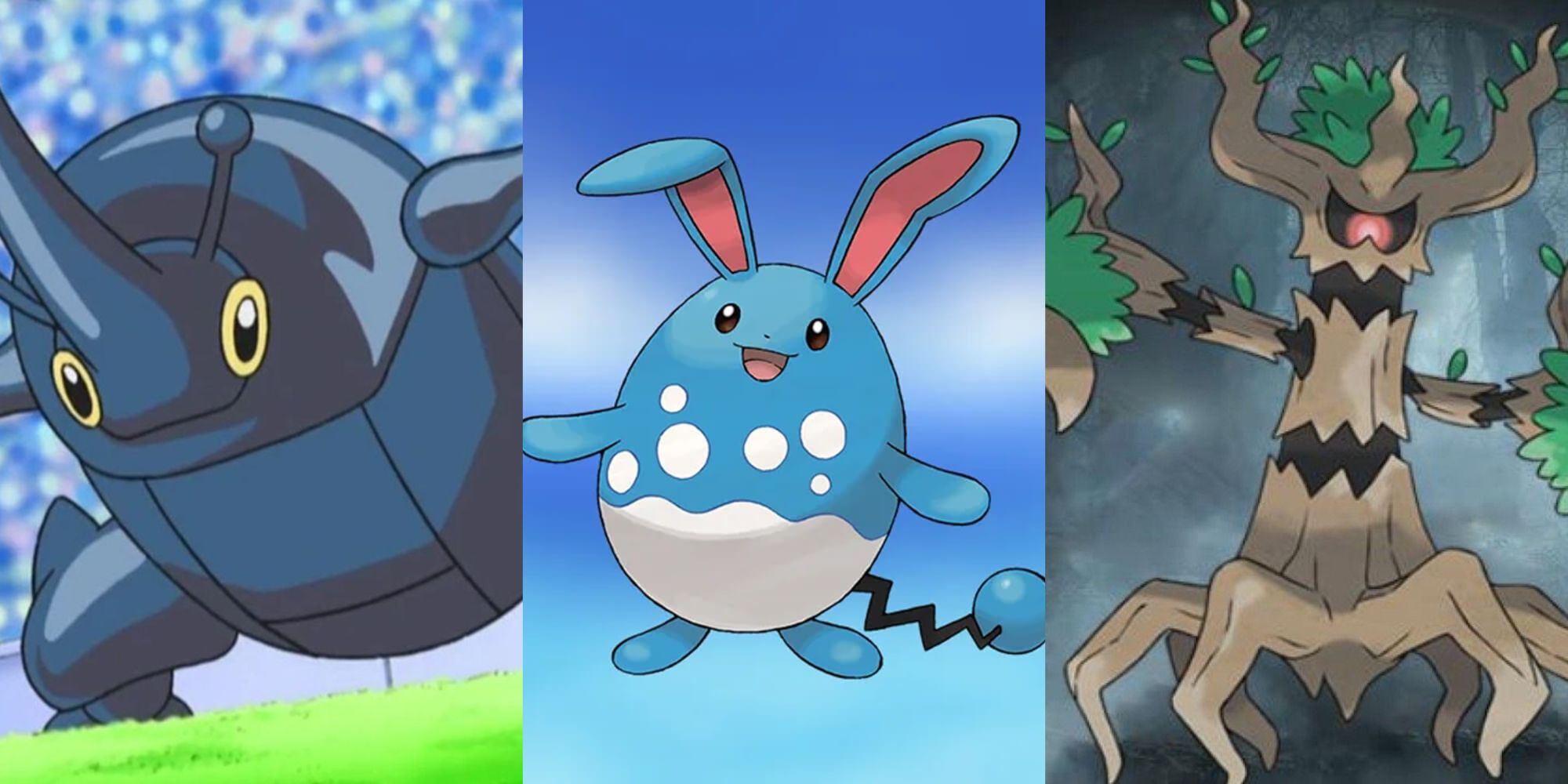 Collage of Heracross, Azumarill and Trevenant from the Pokemon Anime