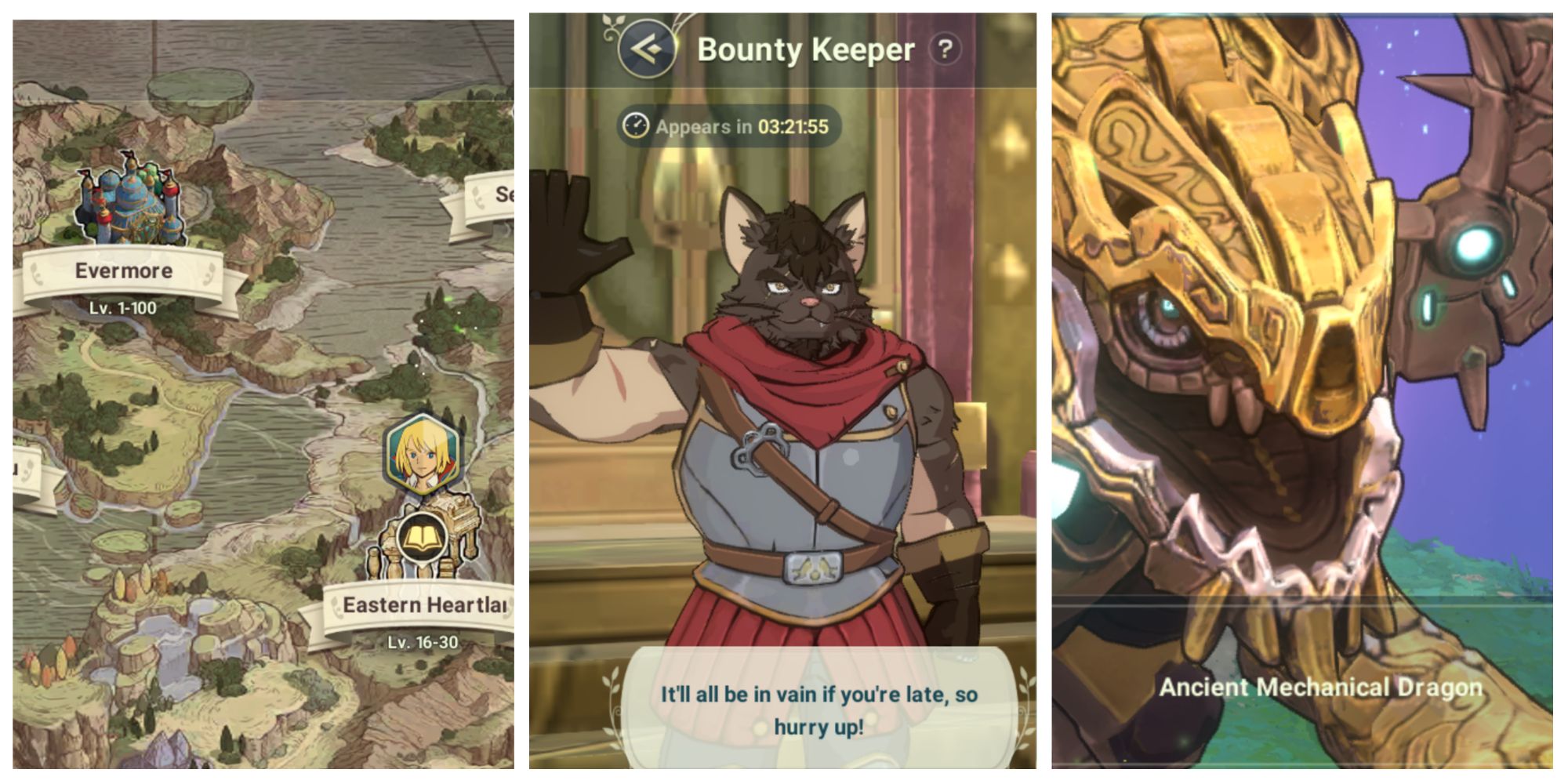 Split feature image featuring screenshots of the world map, Jackson the Bounty Keeper, and the Mecharagon