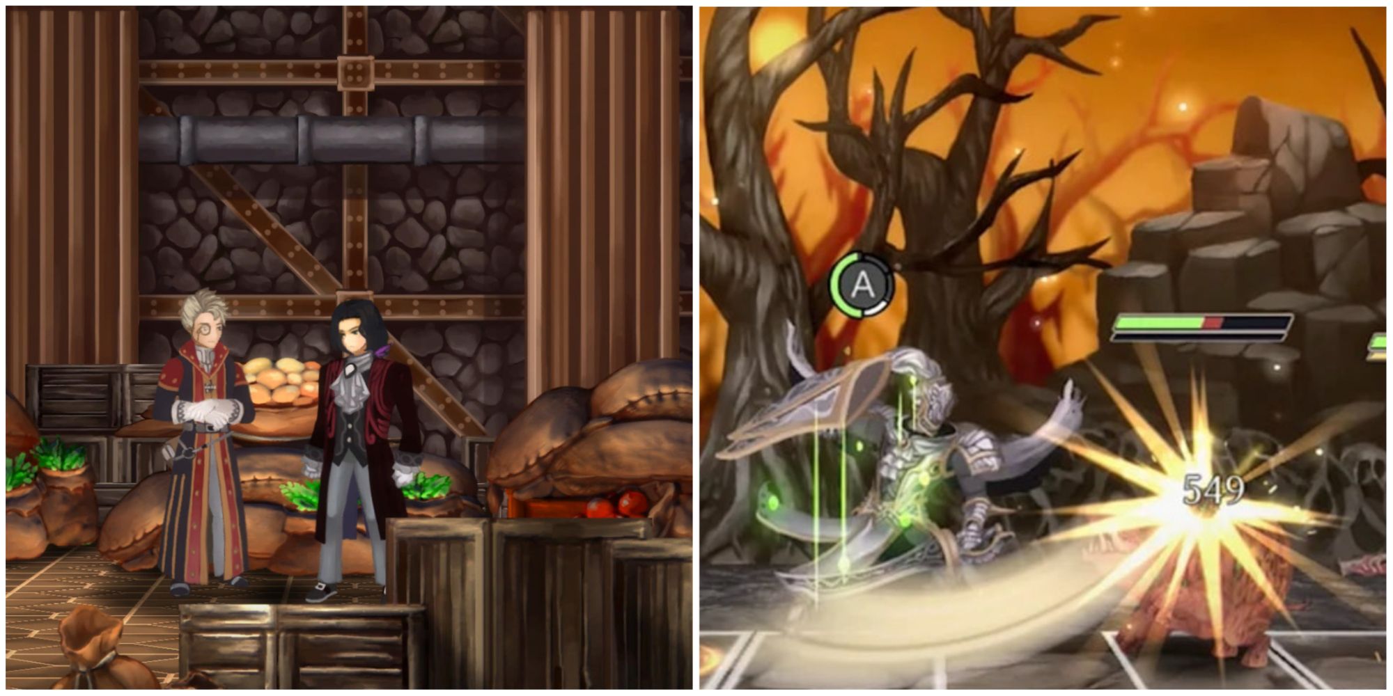 Fallen Legion Revenants collage - Lucien chatting in the kitchen, and an Exemplar slashing at an enemy in a dead forest
