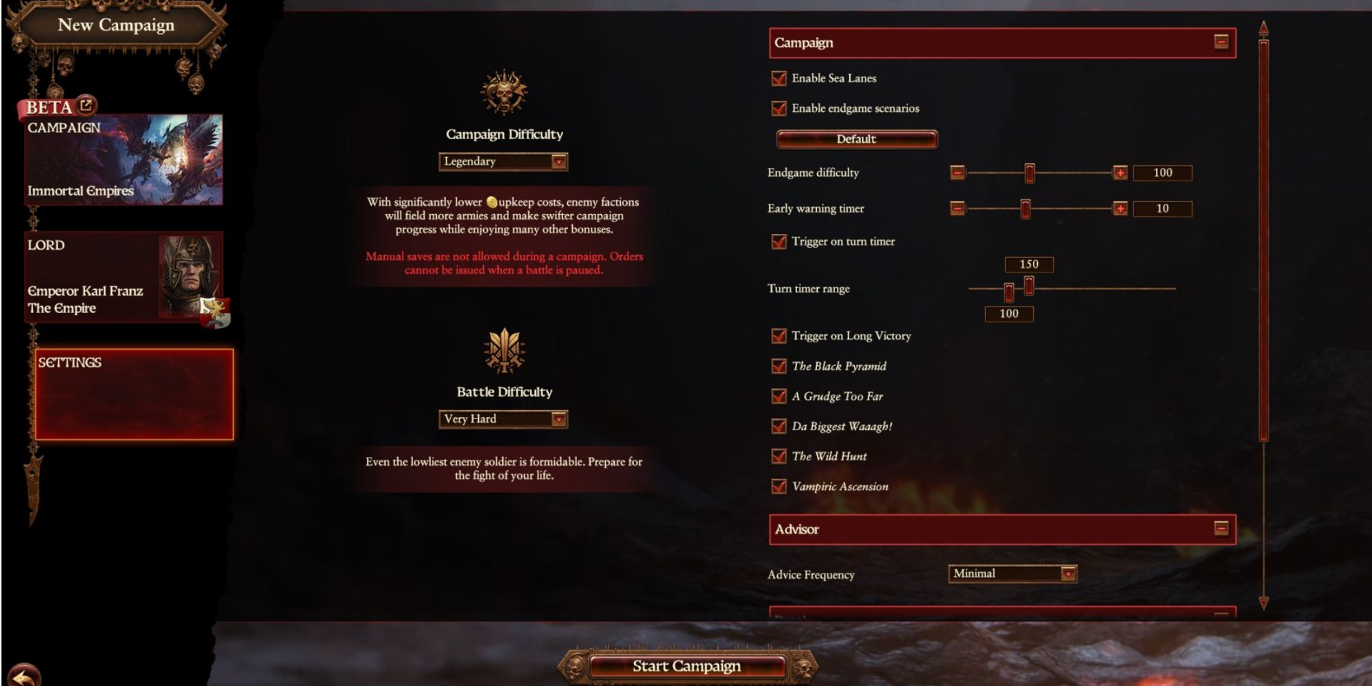 Total War Warhammer 3 Karl Franz Immortal Empires Settings Menu