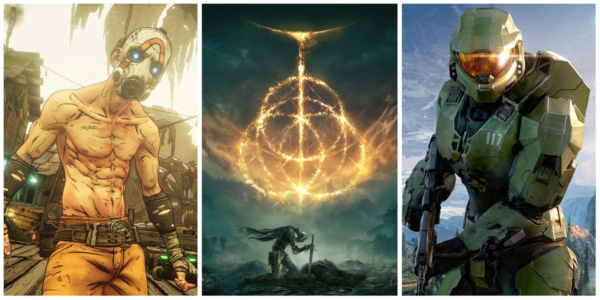Split image featuring Borderlands, Elden Ring, and Halo Infinite
