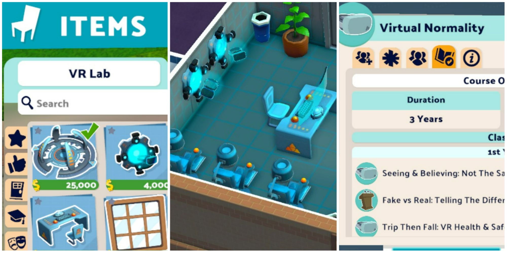Two Point Campus - split feature image featuring screenshots of the VR Lab items window, a VR Lab, and the Virtual Normality course overview