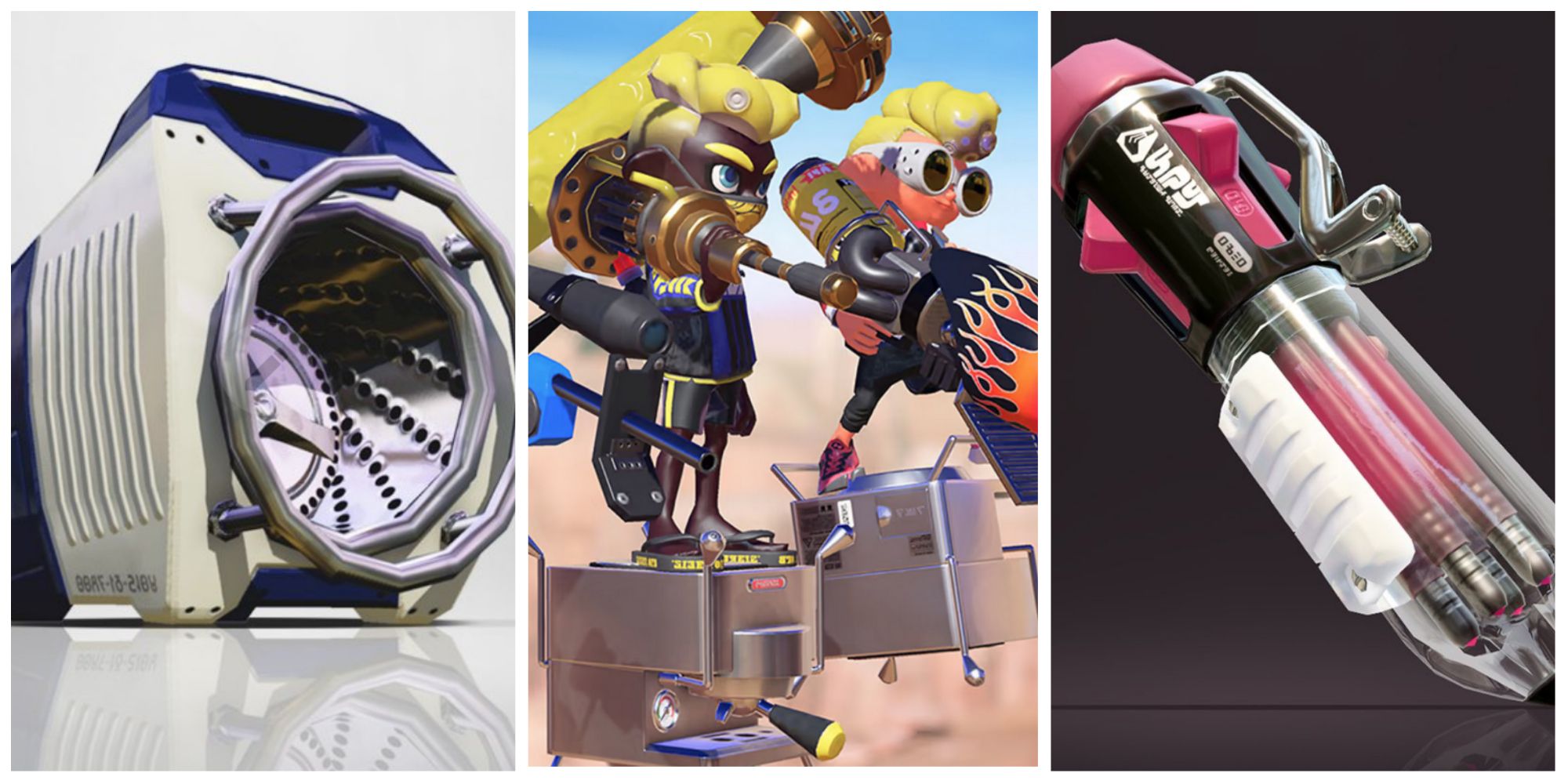 Header for X Of The Weirdest Weapons In Splatoon featuring Sloshing Machine, Octolings, Spawner Drone, and Ballpoint Splatling