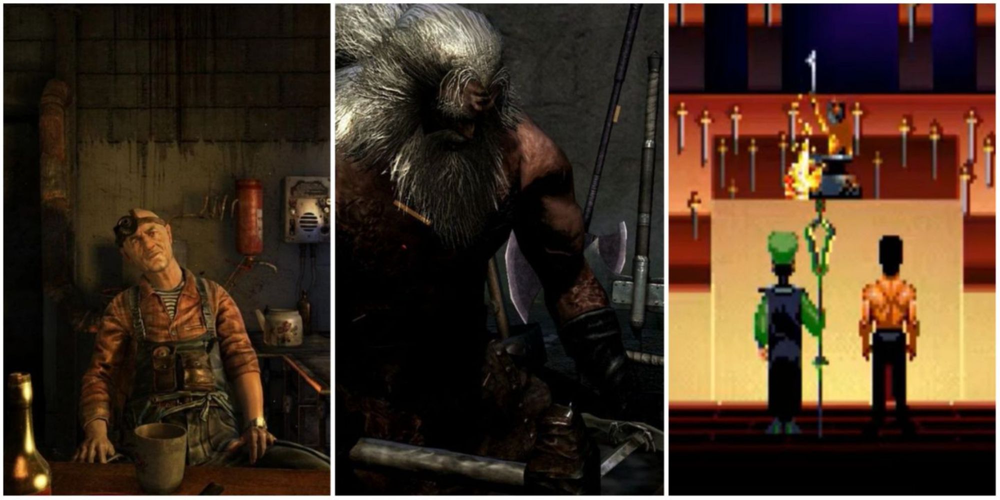 Split image of blacksmiths from video games