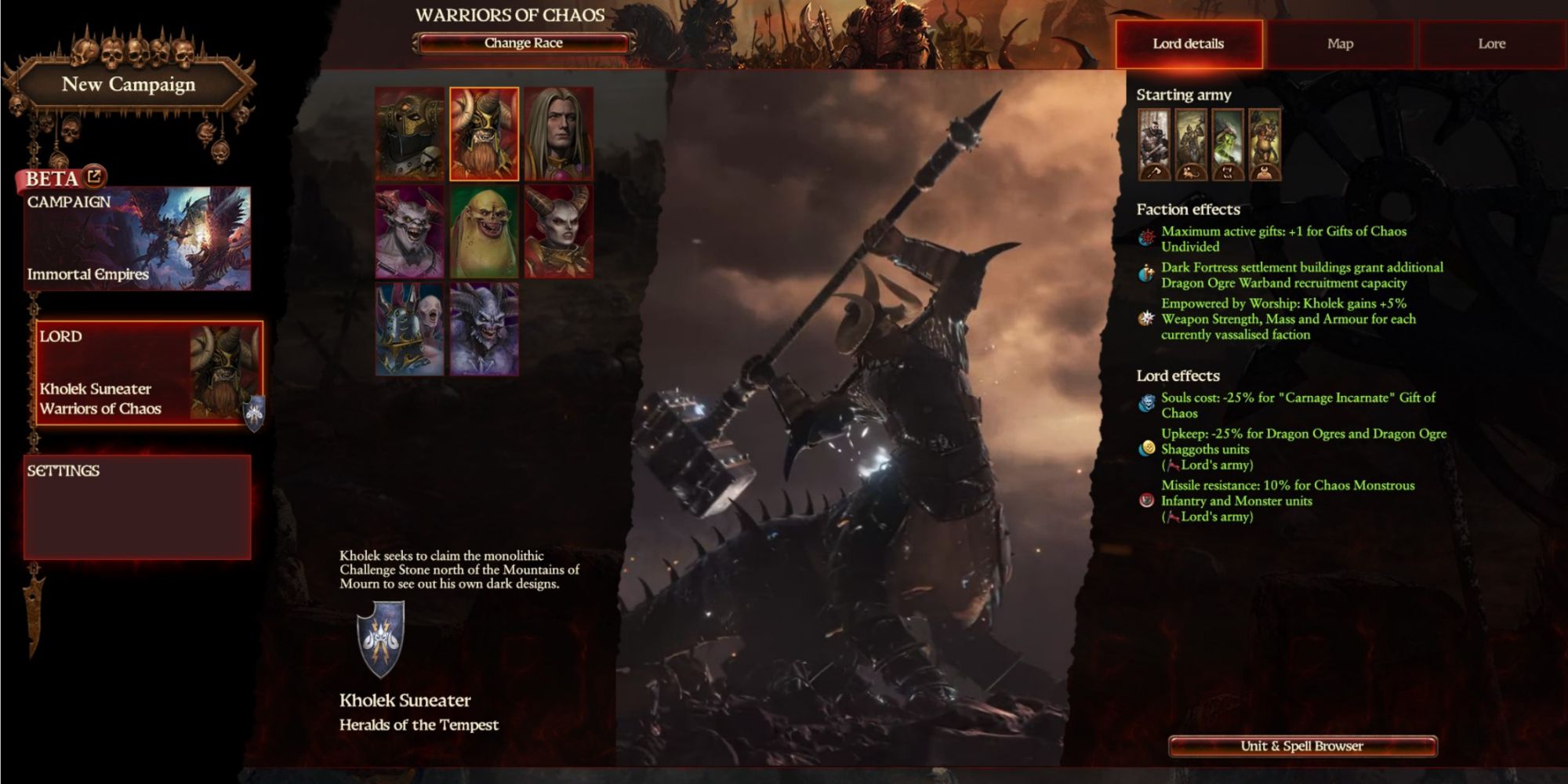Total War: Warhammer 3 Kholek Suneater Lord Select Screen