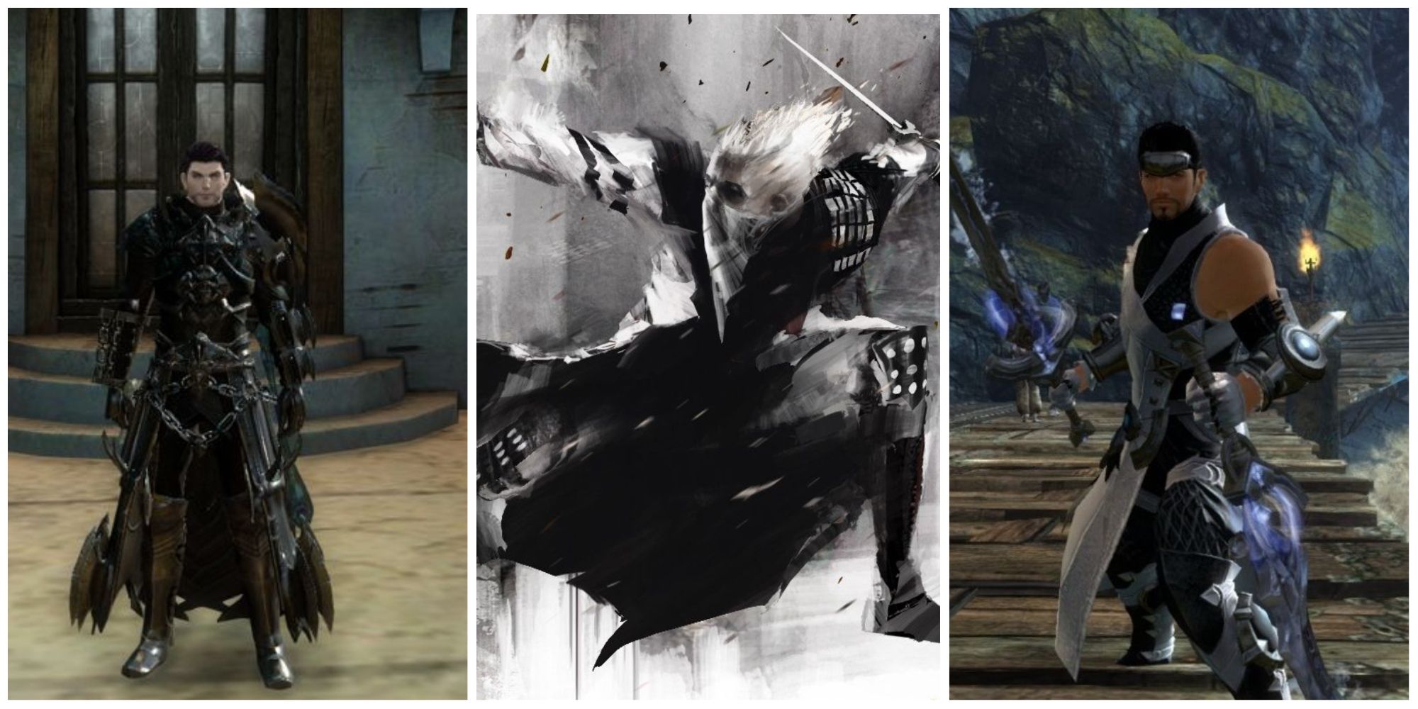 A Feature image for Guild Wars 2 Thief PvP guide. Showing 3 human Thieves 2 ingame screenshots from Lions Arch and one concept art piece. 