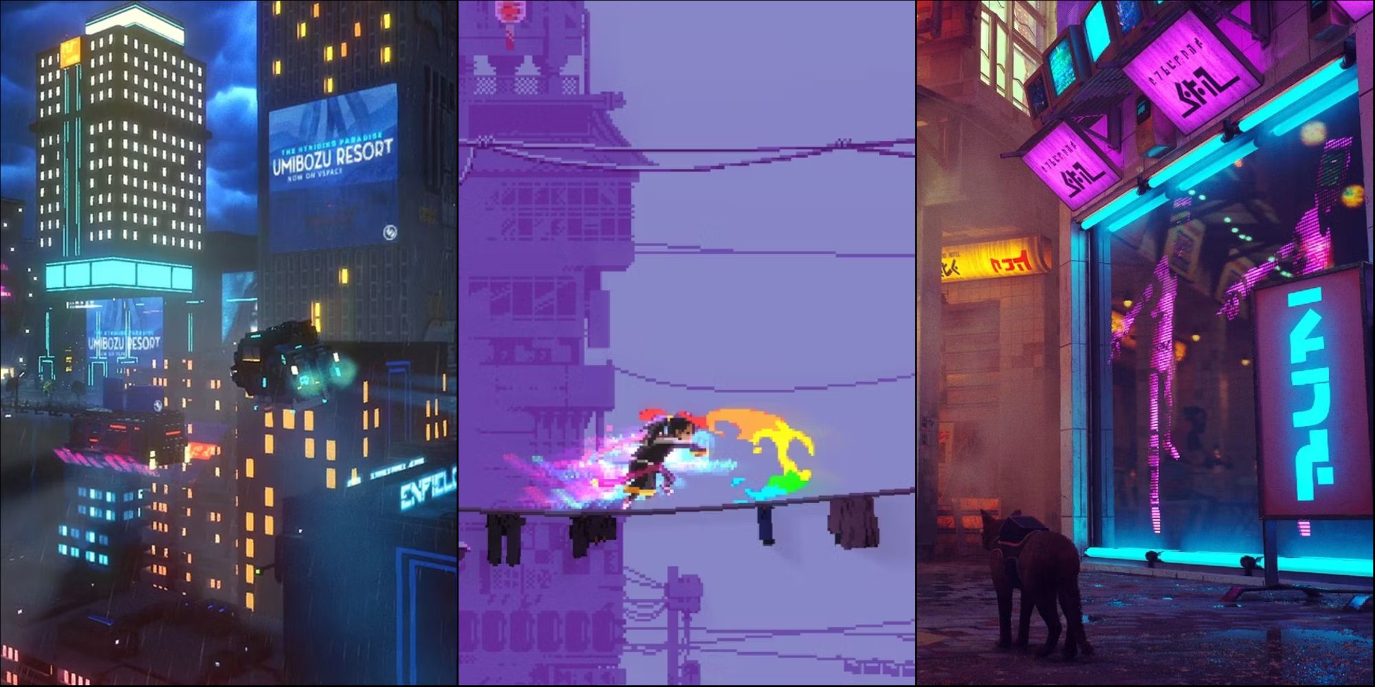 Collage of Use of Neon in Games - Cloudpunk, Katana Zero, Stray