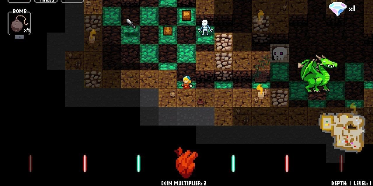 Crypt of the Necrodancer screenshot of the player in a dungeon