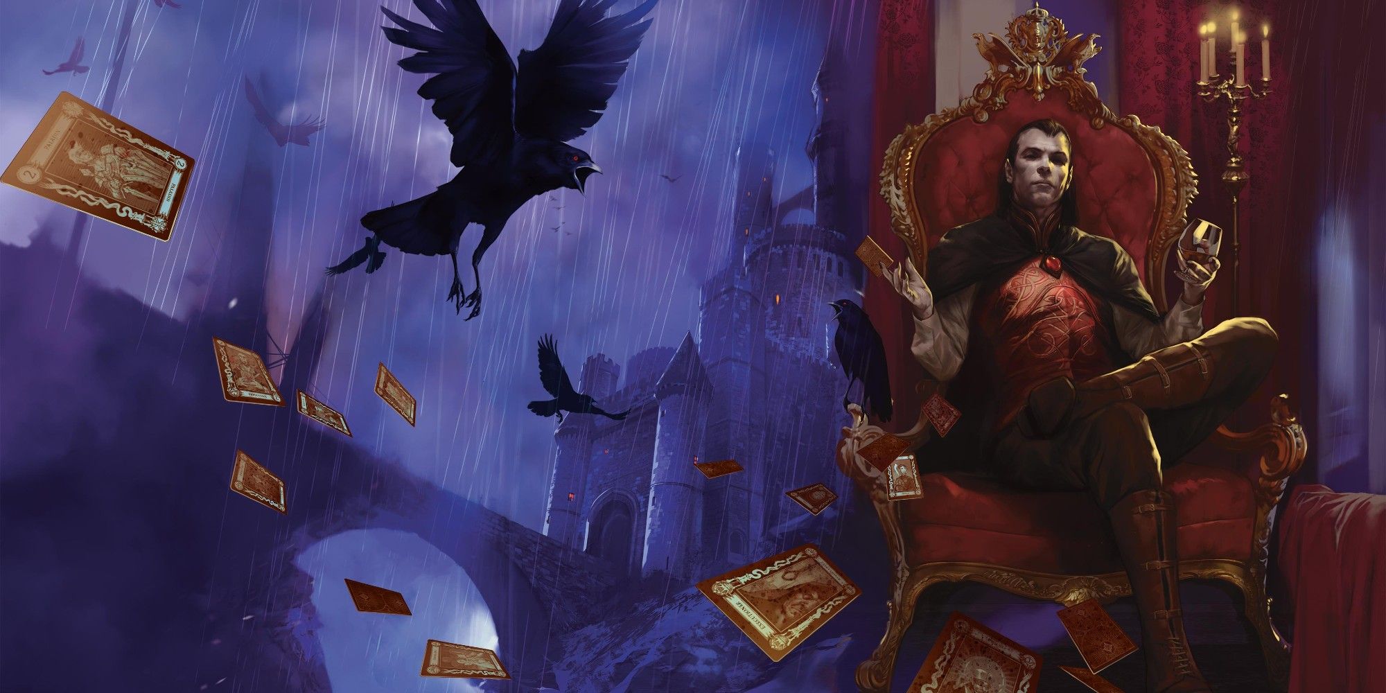 Curse Of Strahd Cover Art with Strahd on his throne, cards and crows in the night sky