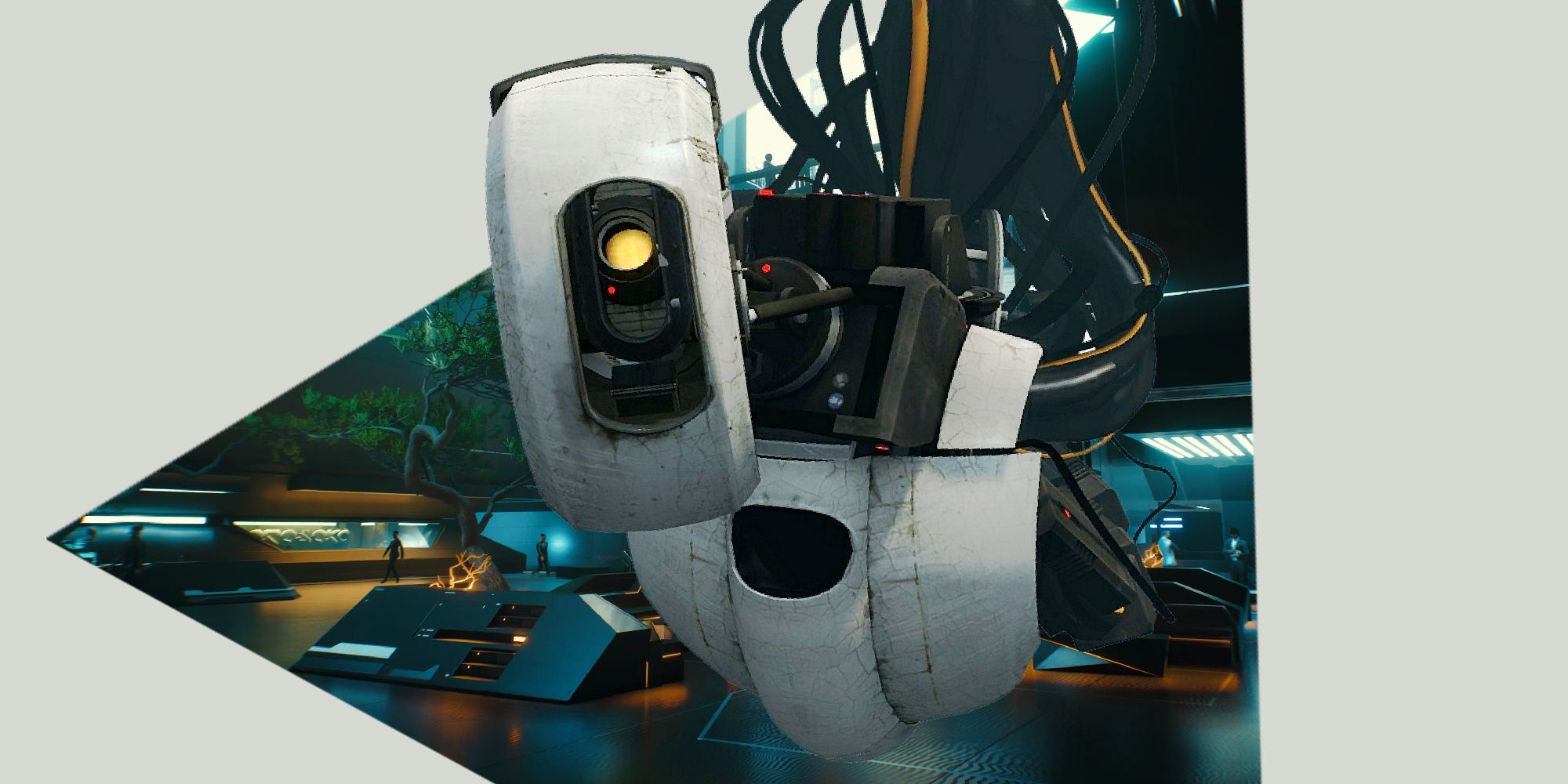 Glados from Portal against a backdrop from Cyberpunk 2077.