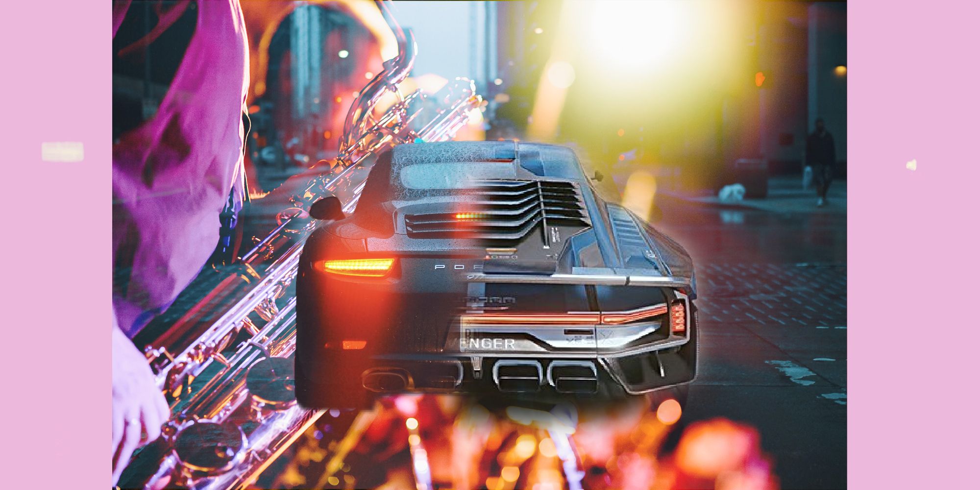 A car in Cyberpunk 2077 with pink borders around the image.