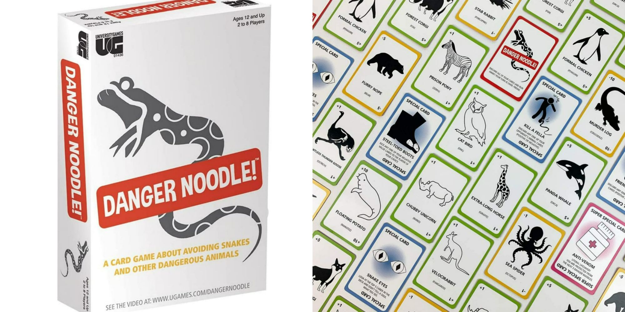 Split image of Danger Noodle box and cards.