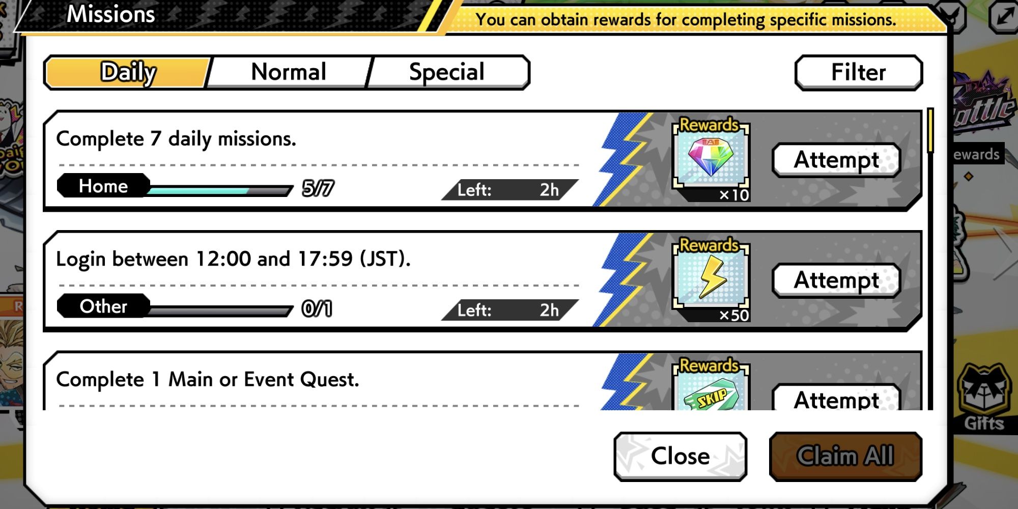 Daily, Normal, Special Missions for the app Ultra Impact