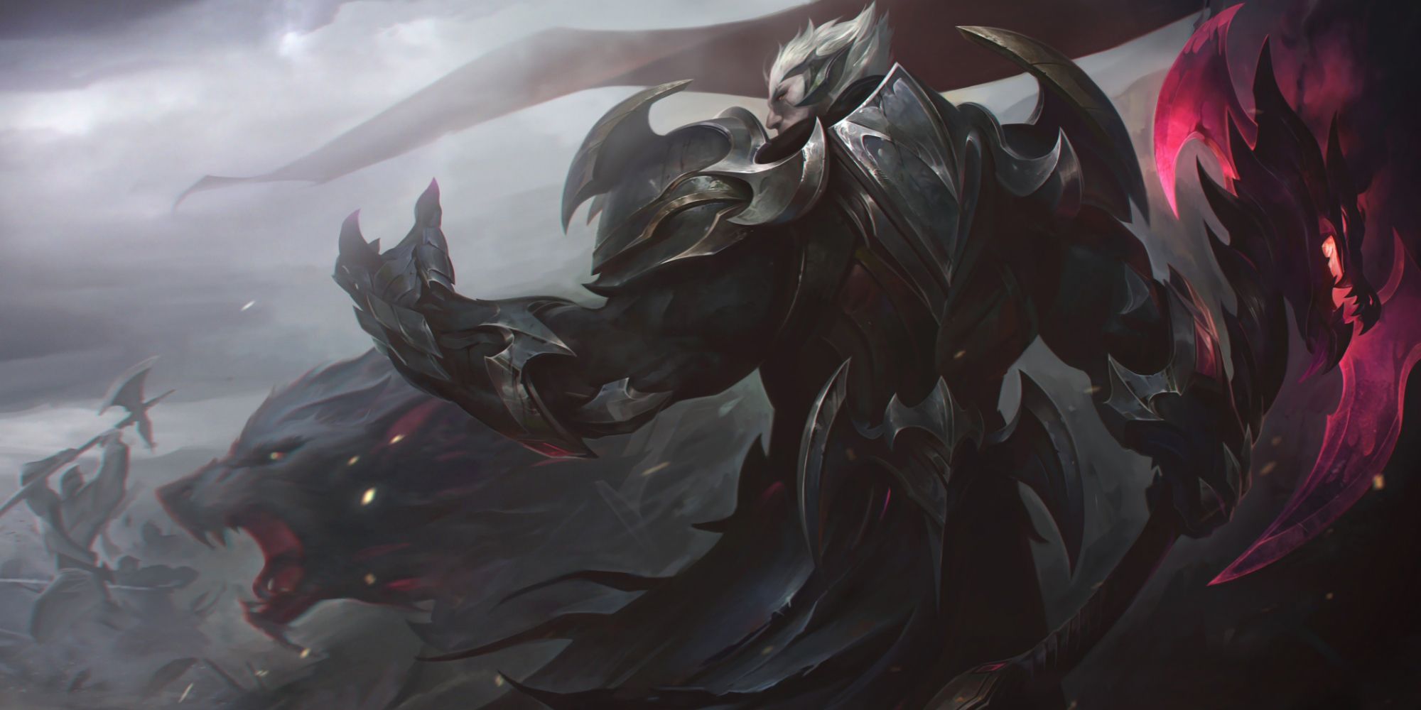 God King Darius looking like a total badass with his wolf blade and shadow wolf as he stands beckoning God King Garen