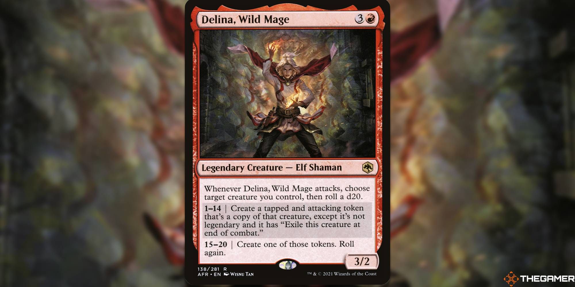 Delina, Wild Mage Magic: The Gathering-Karte überlagert mit Kunstwerk.