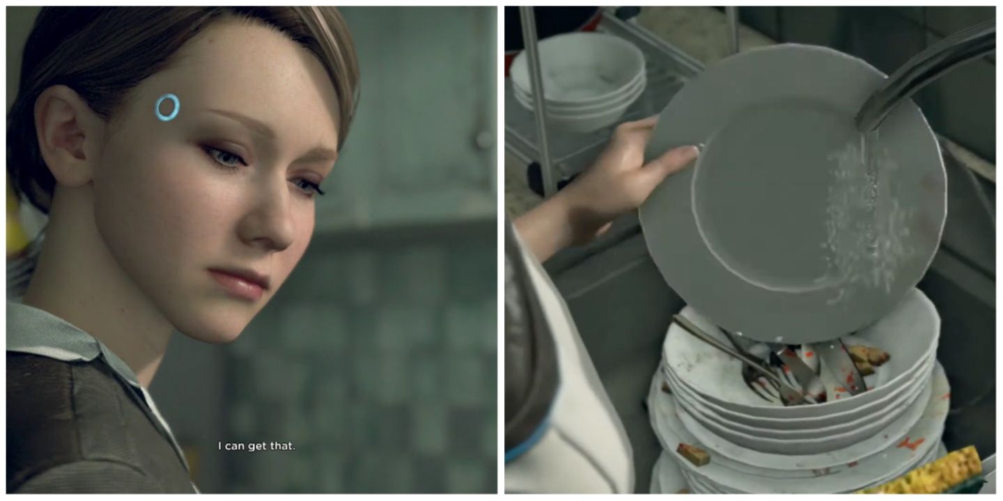 Image collage of Kara and her cleaning the dishes in Detroit: Become Human